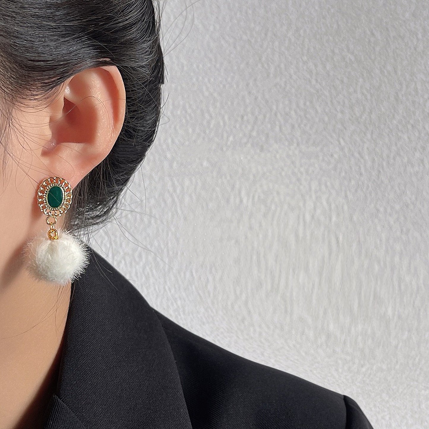 Emerald Green Enamel Earrings, Gold Lace Earrings, Pom Pom Earrings, Fluffy Fur Ball Earrings, Vintage Style Earrings, Handmade Jewelry Gift