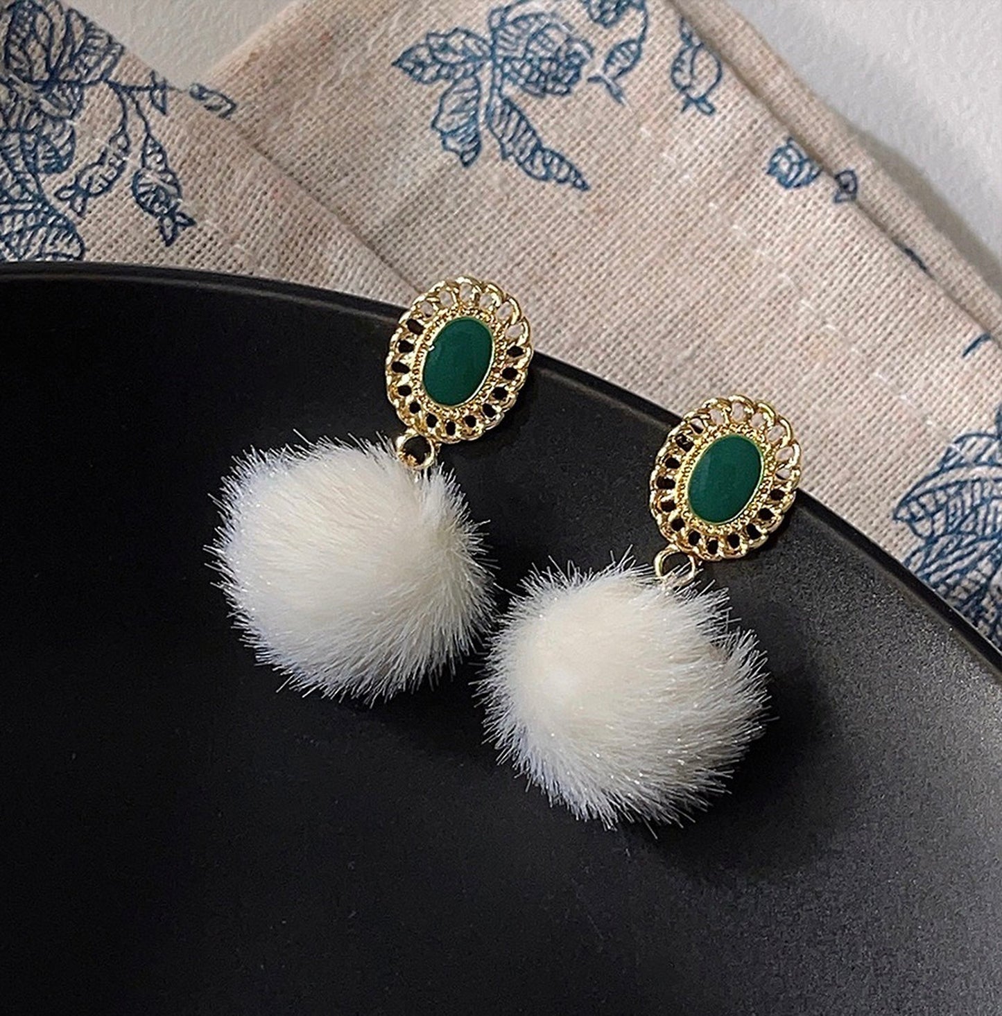 Emerald Green Enamel Earrings, Gold Lace Earrings, Pom Pom Earrings, Fluffy Fur Ball Earrings, Vintage Style Earrings, Handmade Jewelry Gift