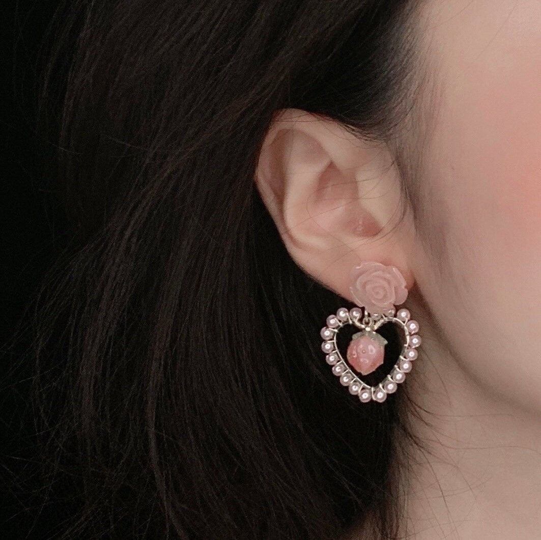 Rose Hoop Romantic Heart Strawberry Earrings | Pink Flower Y2K Aesthetic Earrings