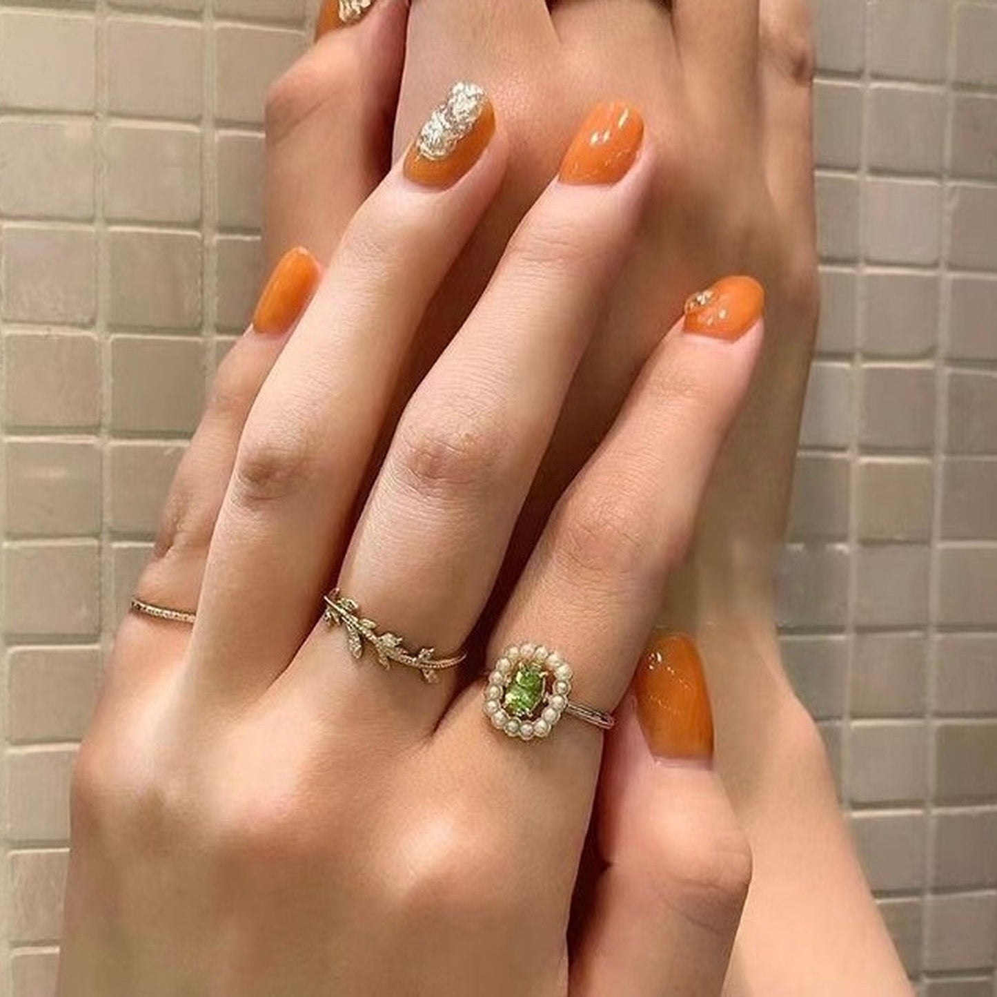 Healing Energy Olive Green Rose Gold Ring | Rectangle Green Birthstone Pearl Crystal Halo Ring