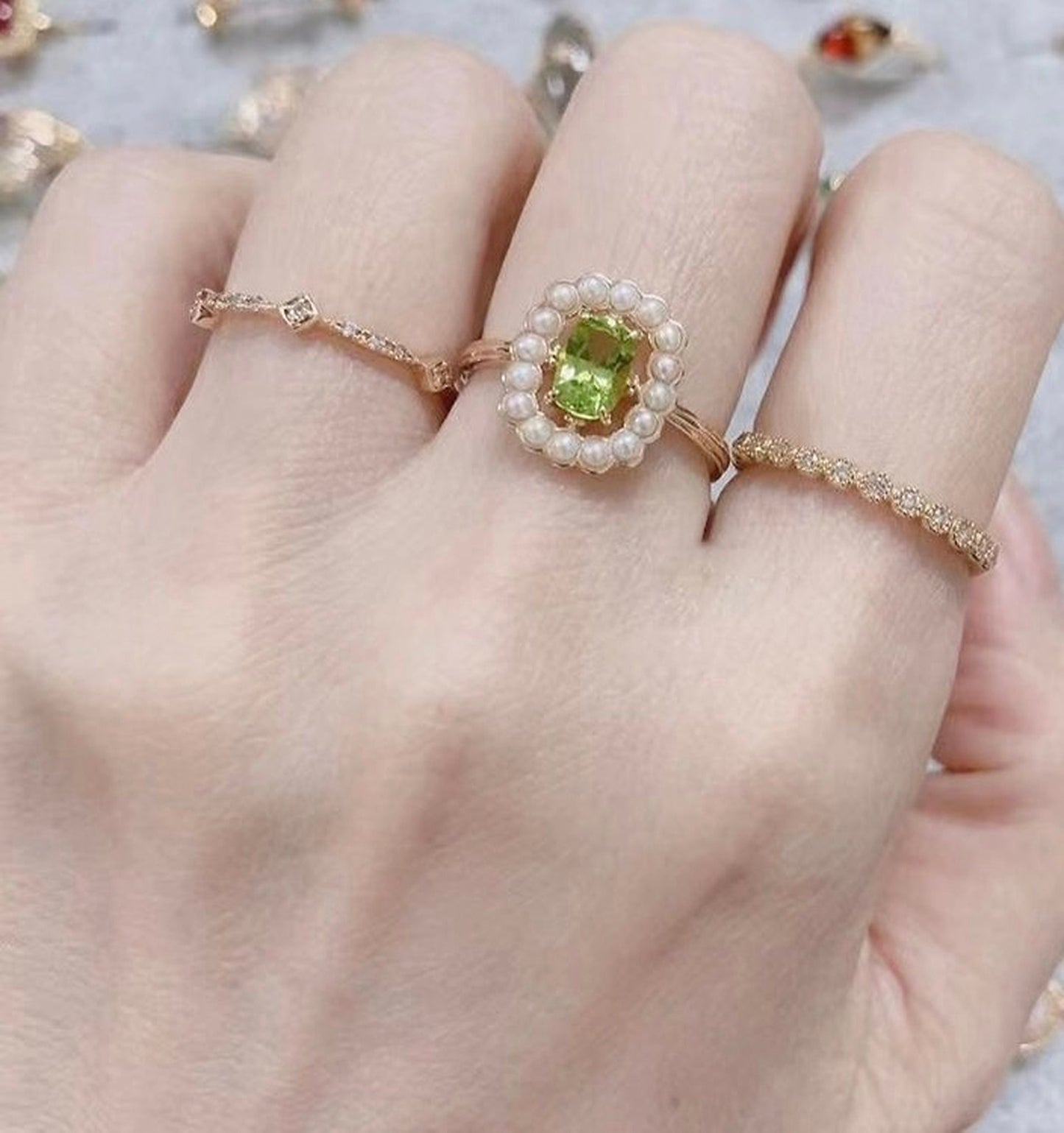 Healing Energy Olive Green Rose Gold Ring | Rectangle Green Birthstone Pearl Crystal Halo Ring