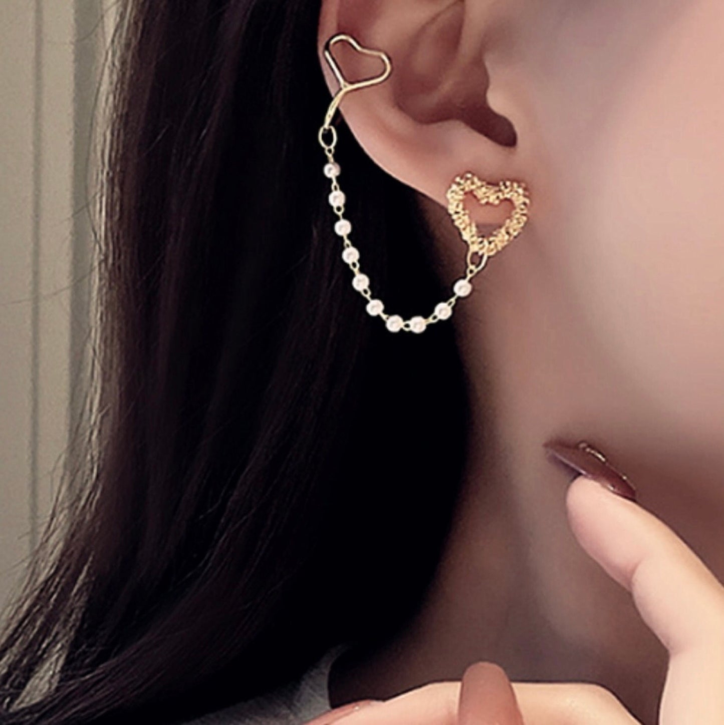 Cute Pearl Heart Helix Dangle Ear Cuff Climber - No Piercing Clip On Cuff Earrings