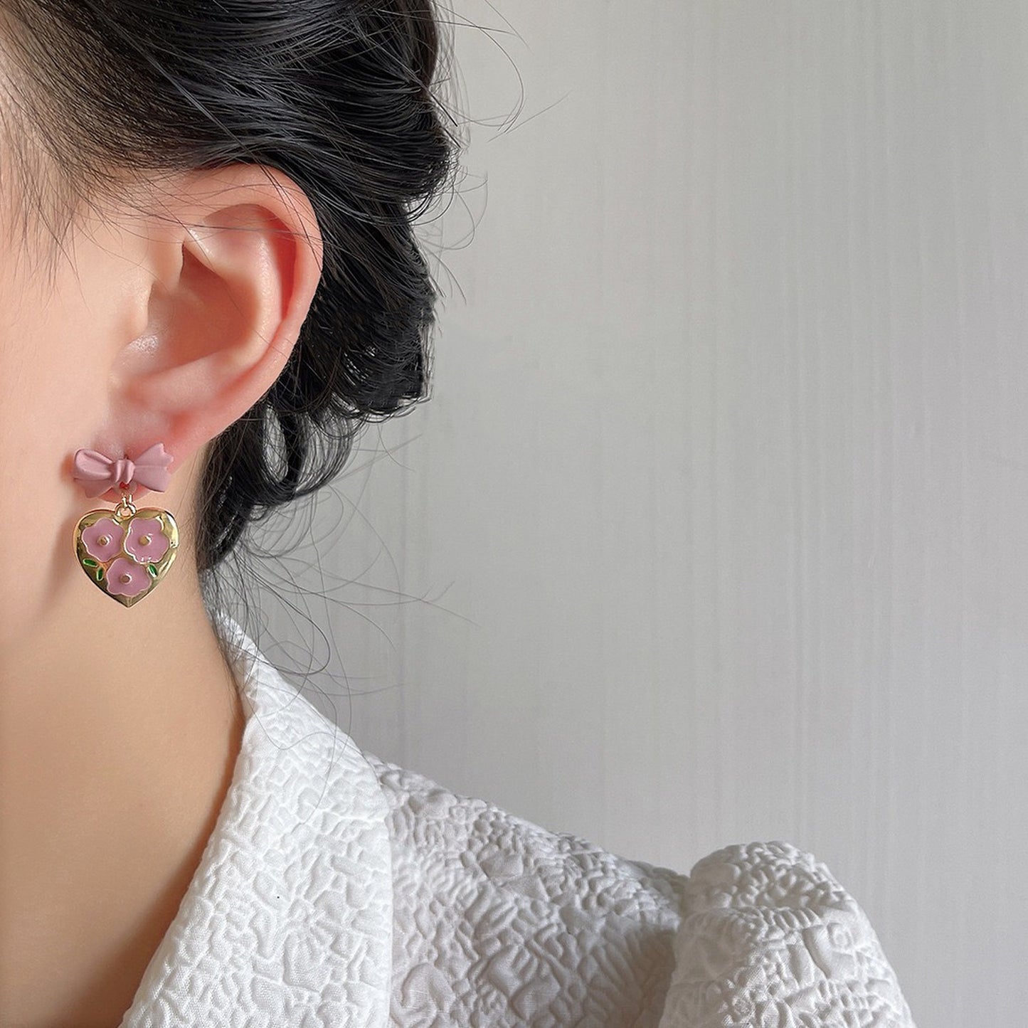 Pink Heart Tulip Flower Ribbon Bow Gold Earrings - Y2K Balletcore Romantic Earrings