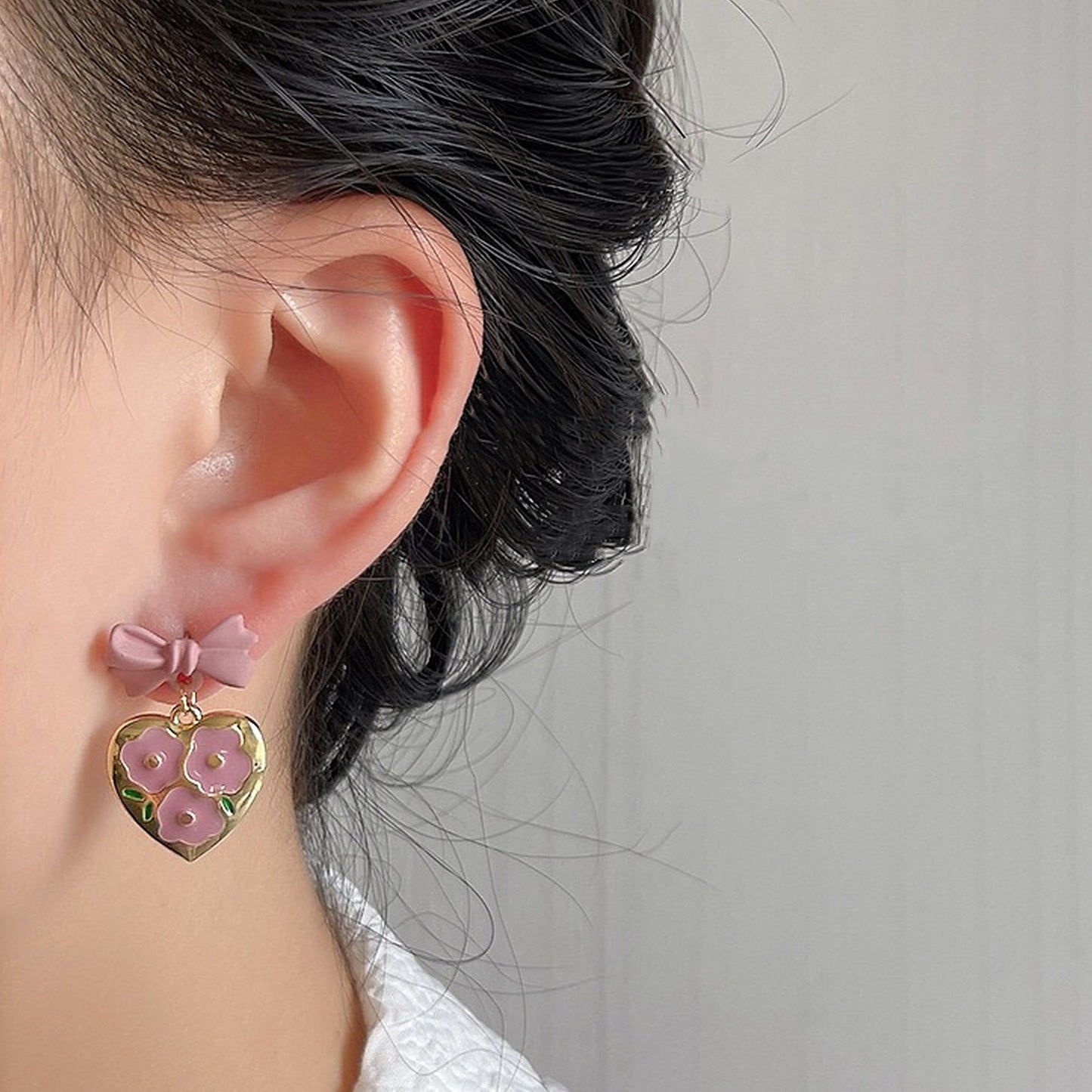 Pink Heart Tulip Flower Ribbon Bow Gold Earrings - Y2K Balletcore Romantic Earrings