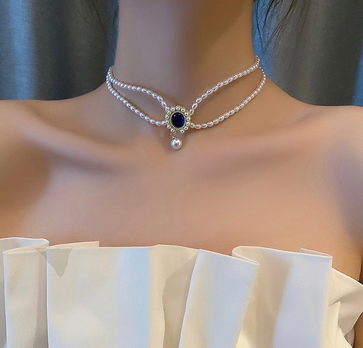 Vintage Style Double Layer Necklace, Blue Pendnat Necklace, Double Layer Pearl Bead Choker, Gothic Choker, Gatsby Party Jewelry, Handmade