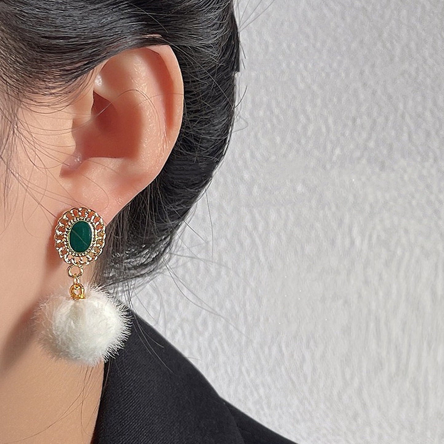 Emerald Green Enamel Earrings, Gold Lace Earrings, Pom Pom Earrings, Fluffy Fur Ball Earrings, Vintage Style Earrings, Handmade Jewelry Gift