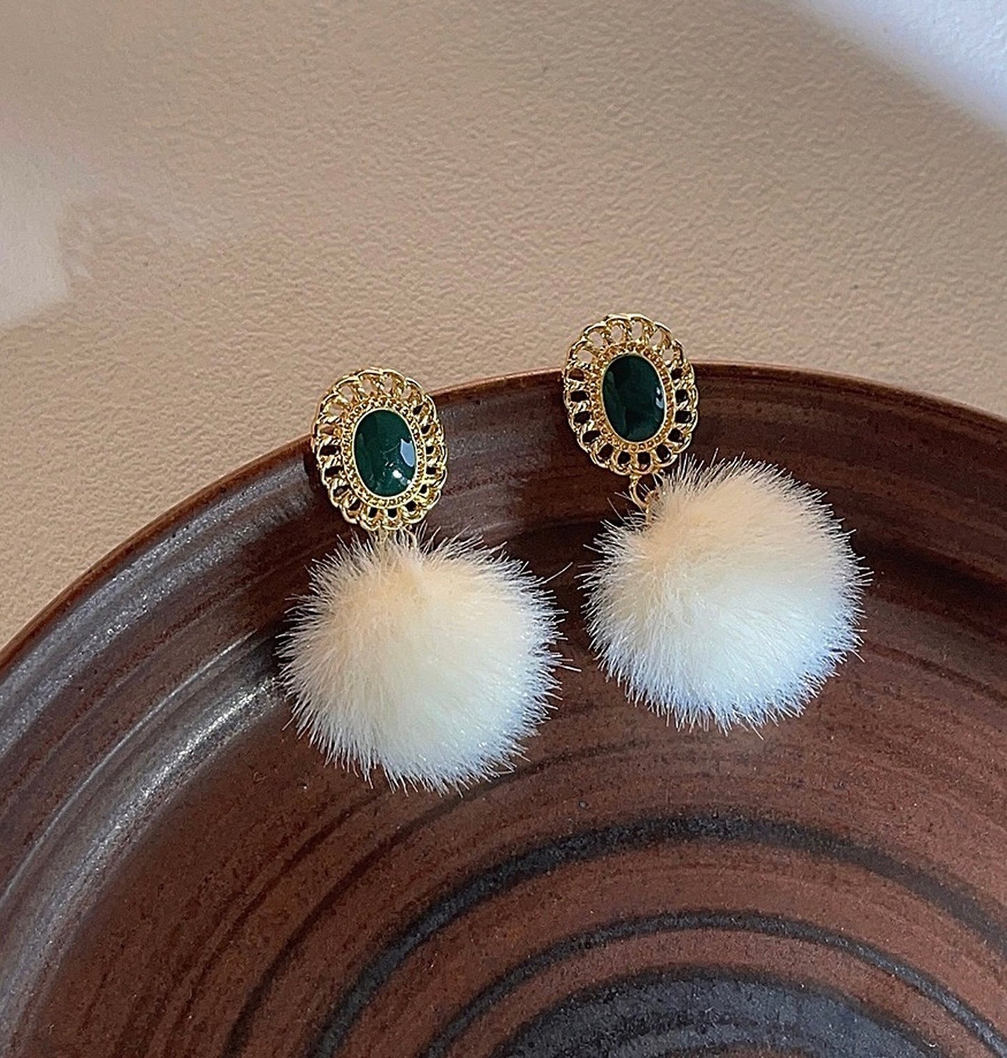 Emerald Green Enamel Earrings, Gold Lace Earrings, Pom Pom Earrings, Fluffy Fur Ball Earrings, Vintage Style Earrings, Handmade Jewelry Gift
