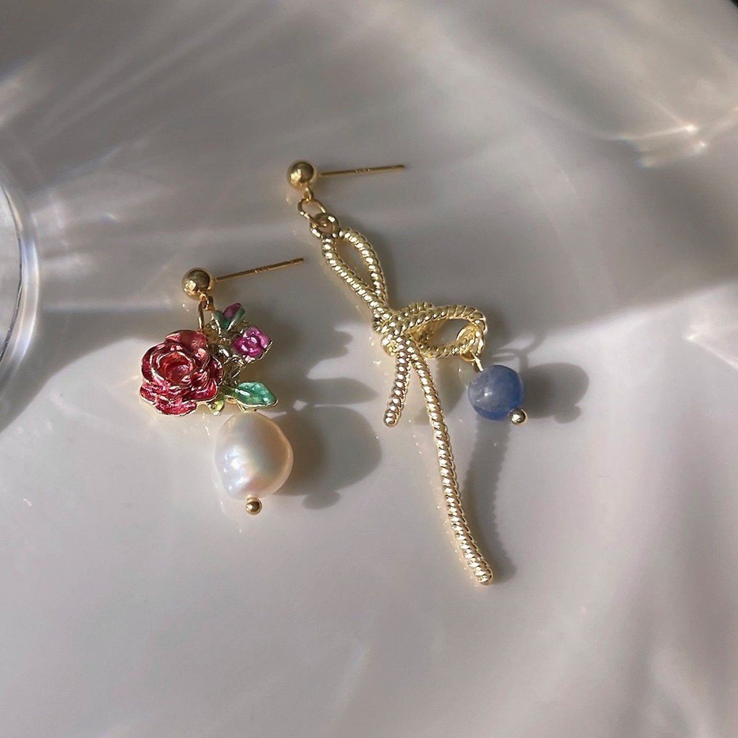 Pink Rose Flower Gold Bow Ribbon Earrings | Asymmetric Cute Fairy Pearl Earrings