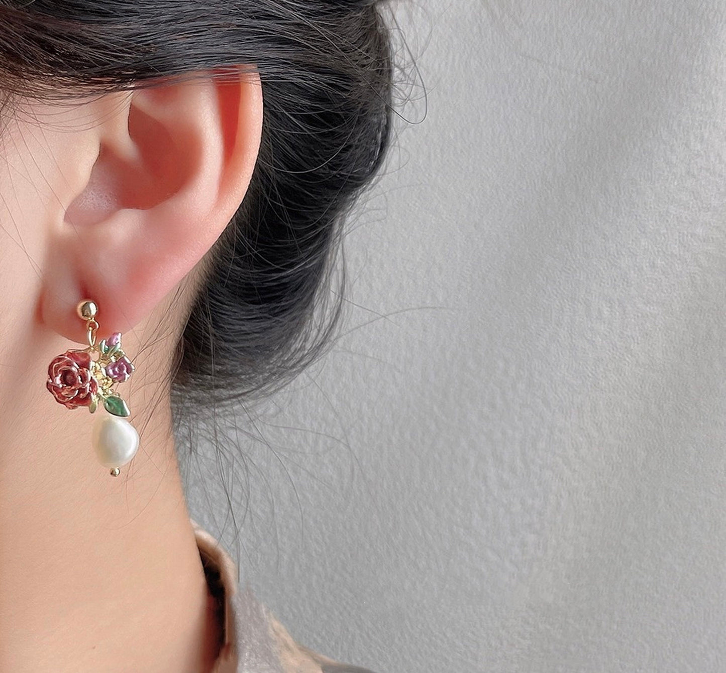 Pink Rose Flower Gold Bow Ribbon Earrings | Asymmetric Cute Fairy Pearl Earrings