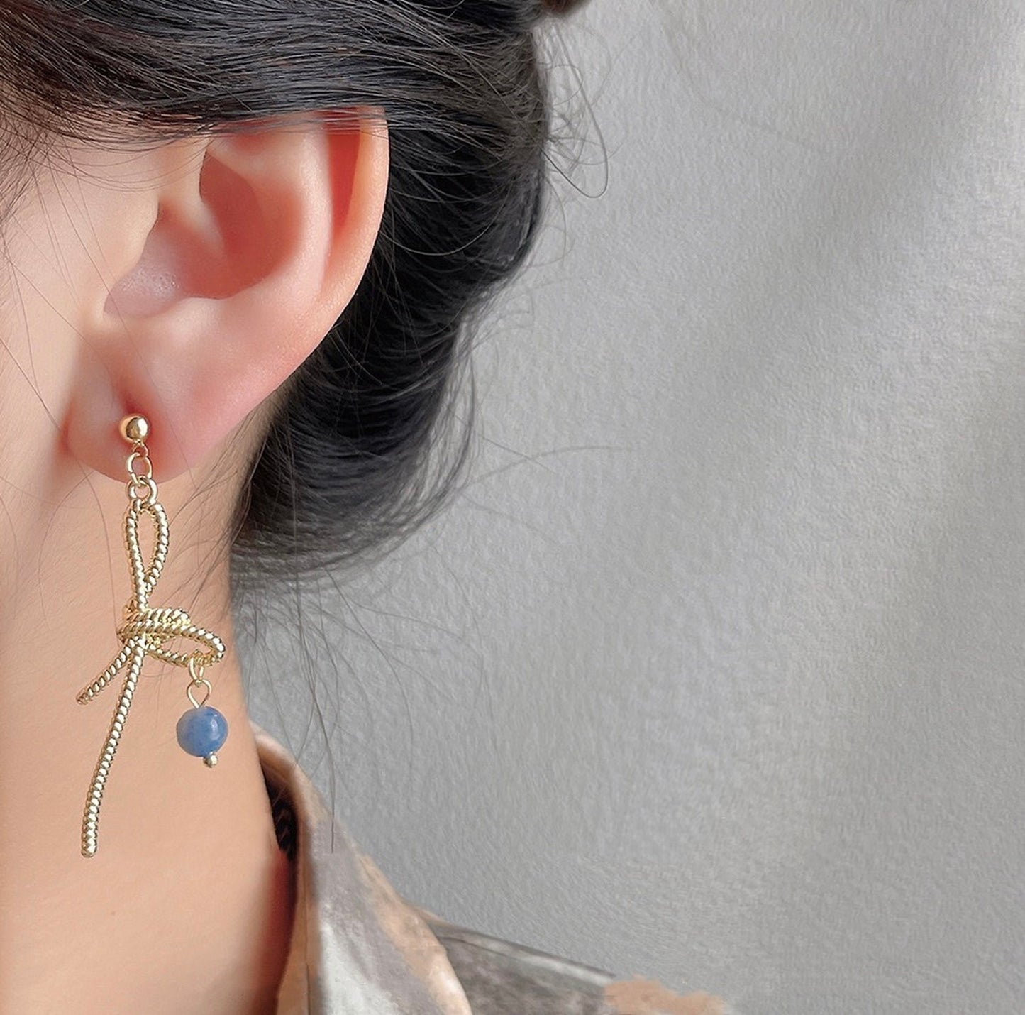 Pink Rose Flower Gold Bow Ribbon Earrings | Asymmetric Cute Fairy Pearl Earrings