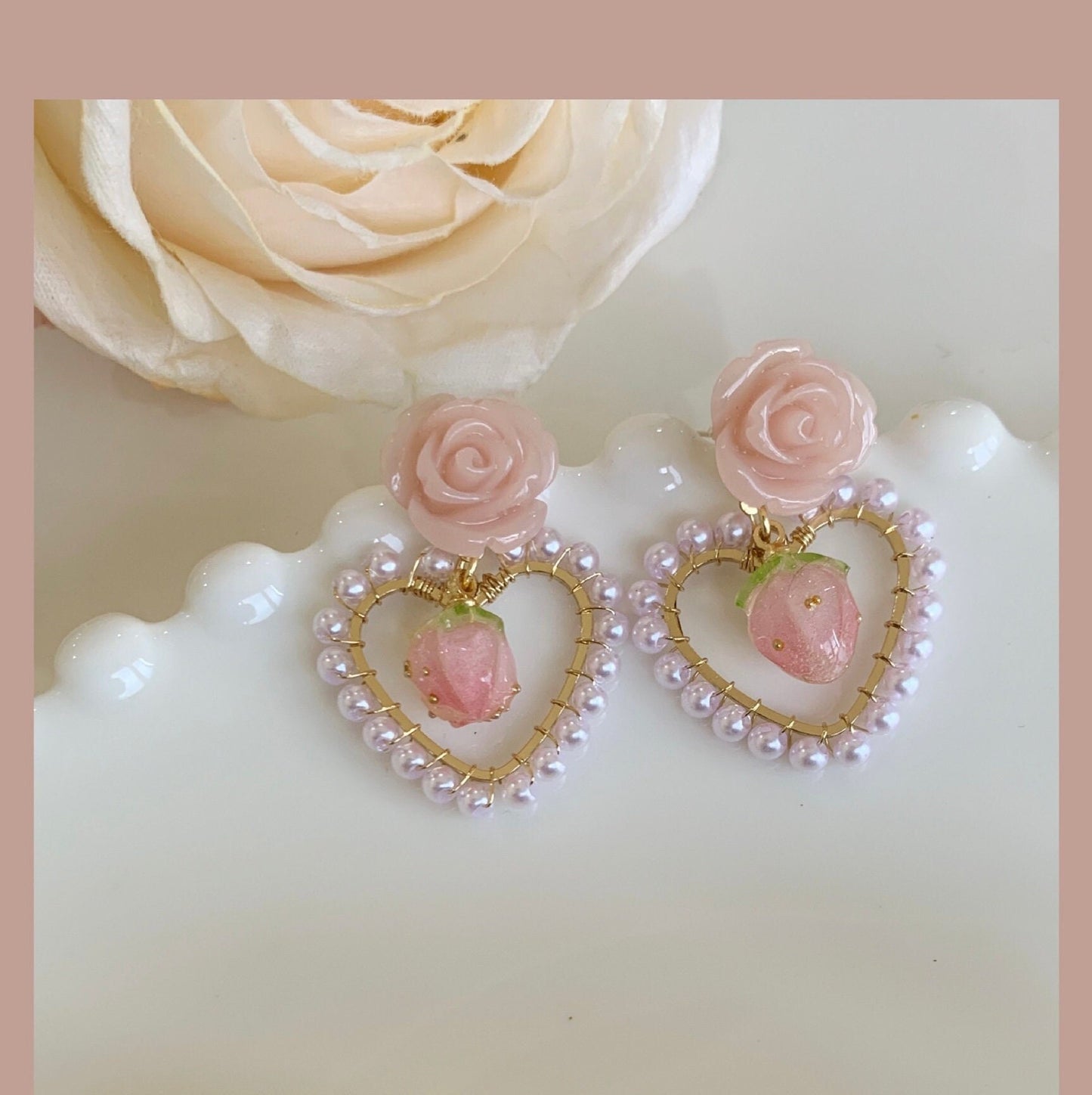 Rose Hoop Romantic Heart Strawberry Earrings | Pink Flower Y2K Aesthetic Earrings