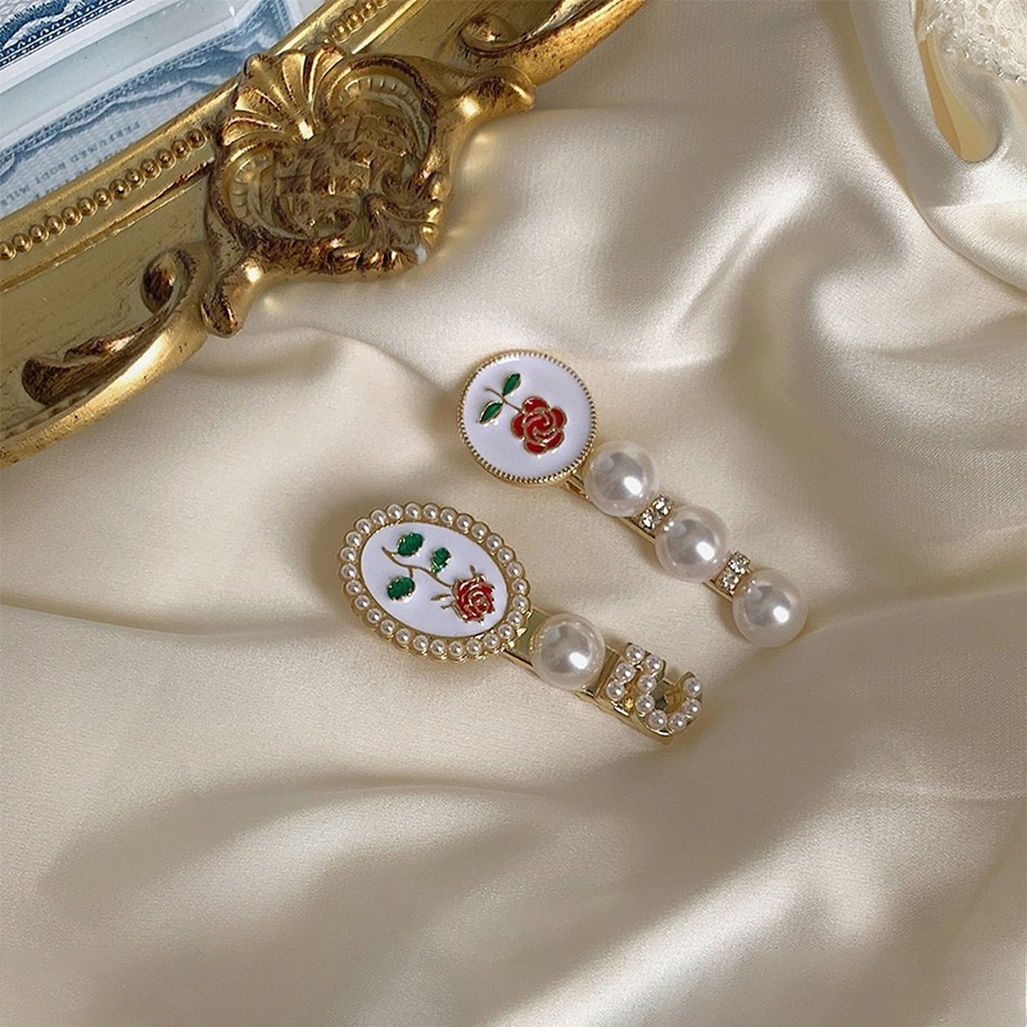 Vintage Rose Flower Pearl Hairpins | Romantic Red Rose Hair Clips Hair Accessory