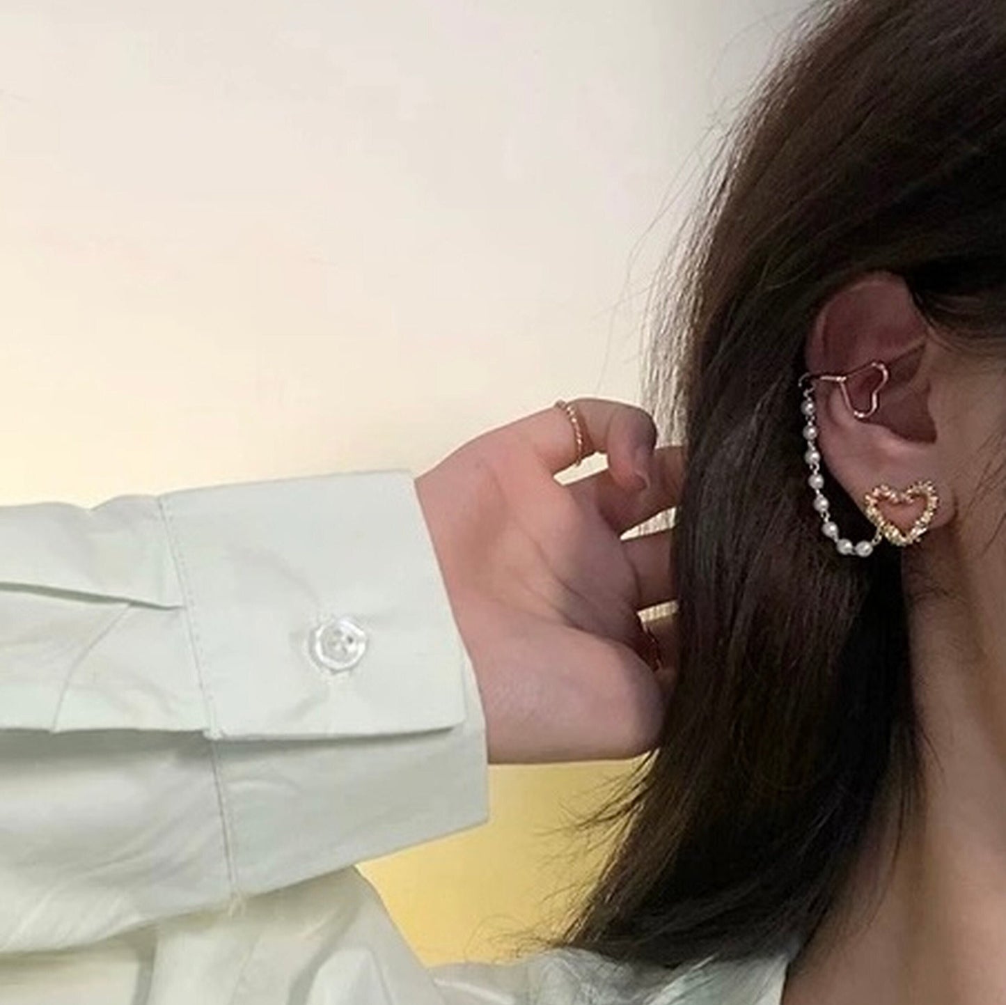 Cute Pearl Heart Helix Dangle Ear Cuff Climber - No Piercing Clip On Cuff Earrings