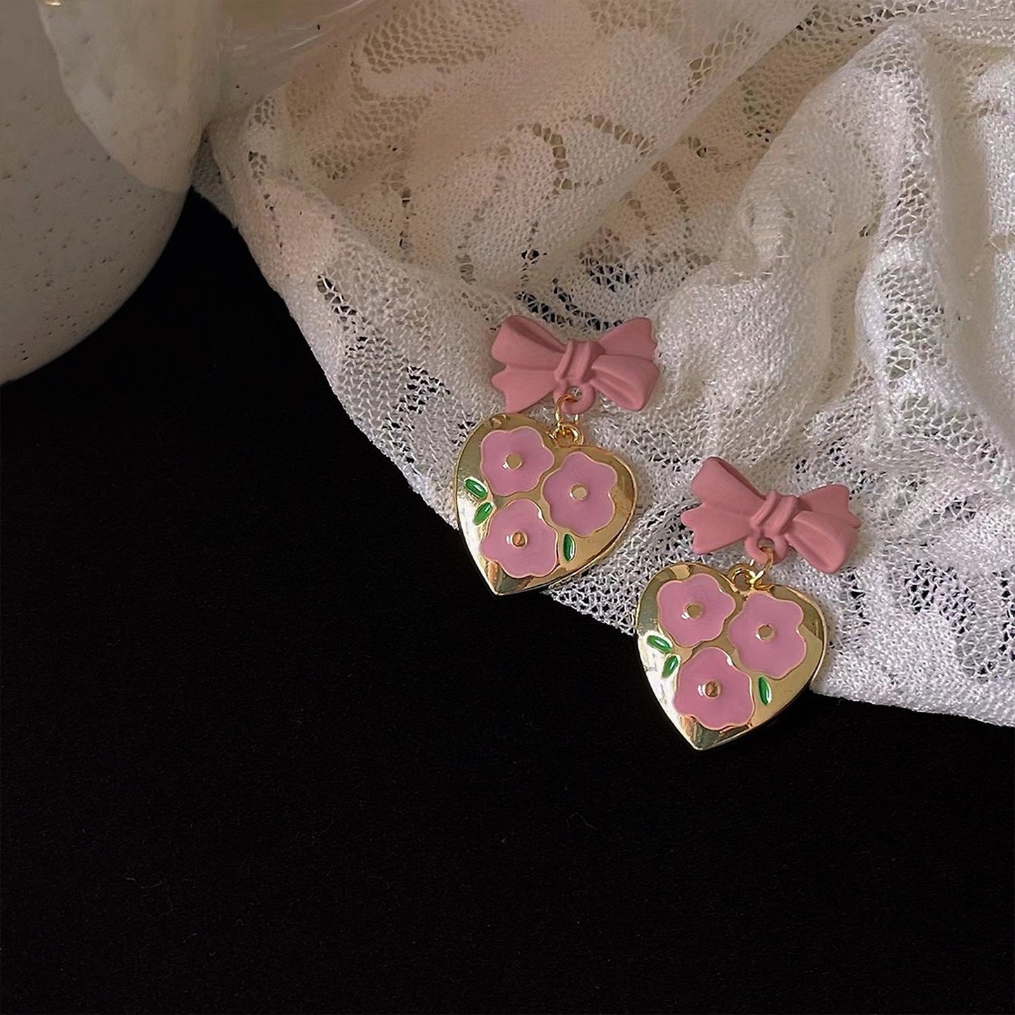 Pink Heart Tulip Flower Ribbon Bow Gold Earrings - Y2K Balletcore Romantic Earrings