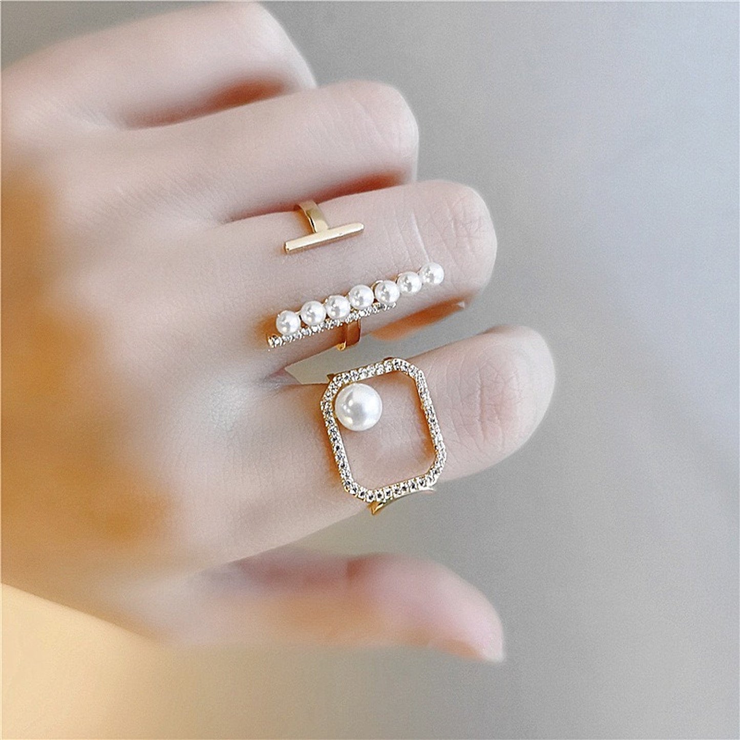 Pearl Geometrical Hallow Ring - Large Chunky Gold and Pearl Cocktail Rings Set