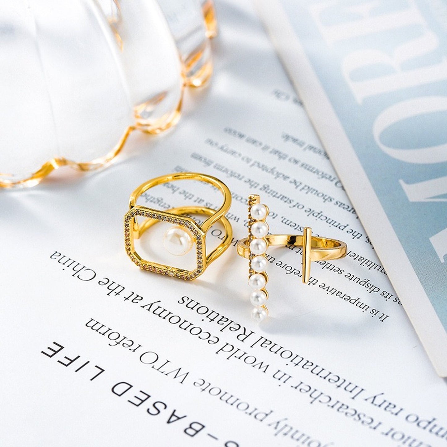 Pearl Geometrical Hallow Ring - Large Chunky Gold and Pearl Cocktail Rings Set