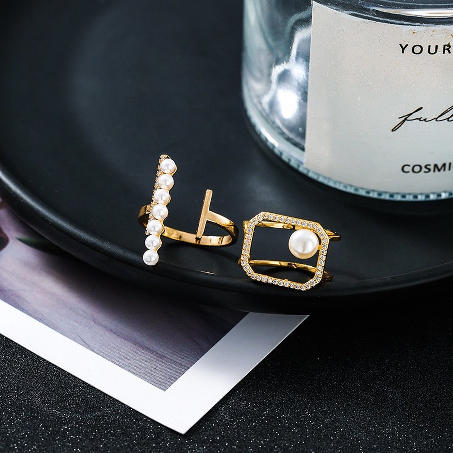 Pearl Geometrical Hallow Ring - Large Chunky Gold and Pearl Cocktail Rings Set