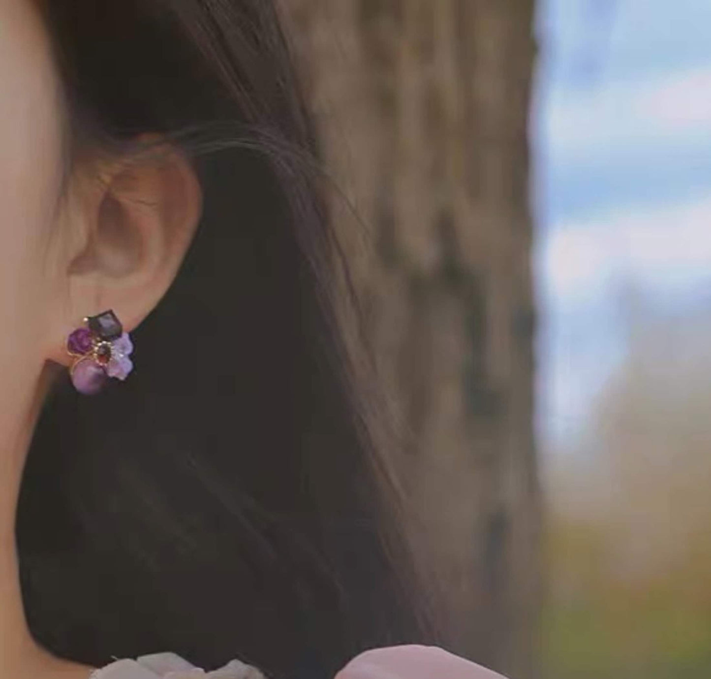 Handmade Violet Purple Floral Wreath Stud Earrings | Healing Crystal Earrings Gift
