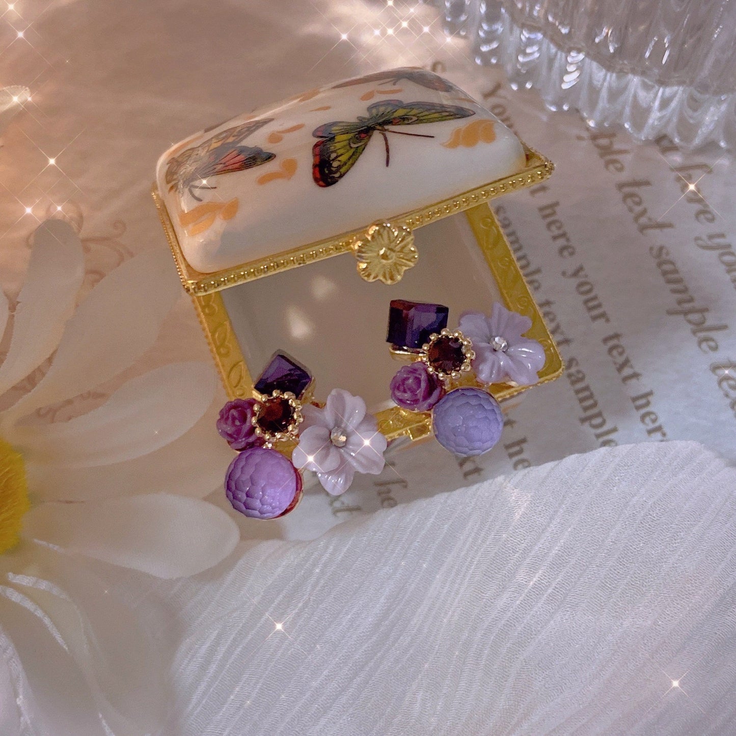 Handmade Violet Purple Floral Wreath Stud Earrings | Healing Crystal Earrings Gift