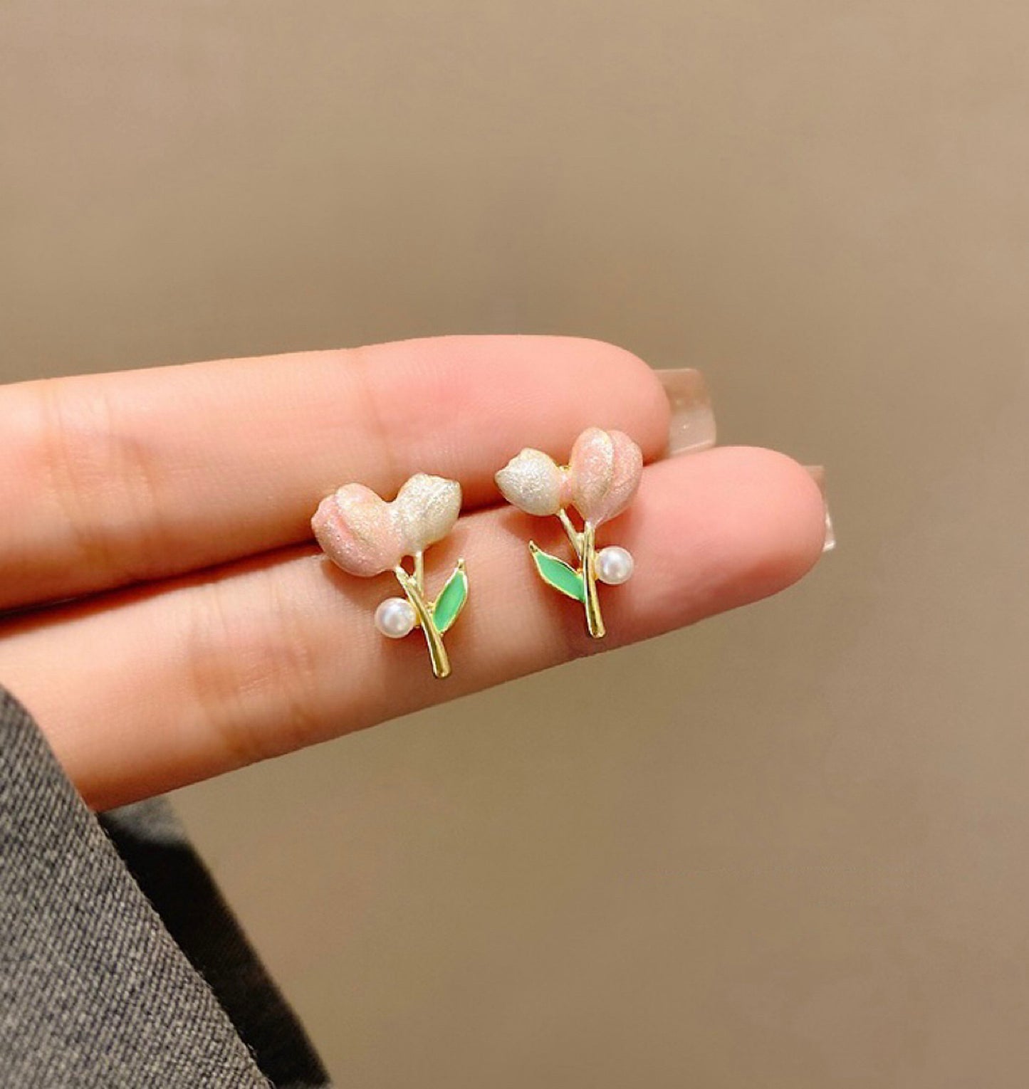 Cute Pastel Pink Tulip Stud Earrings - Fairycore Tulip Flower Stem Jewelry