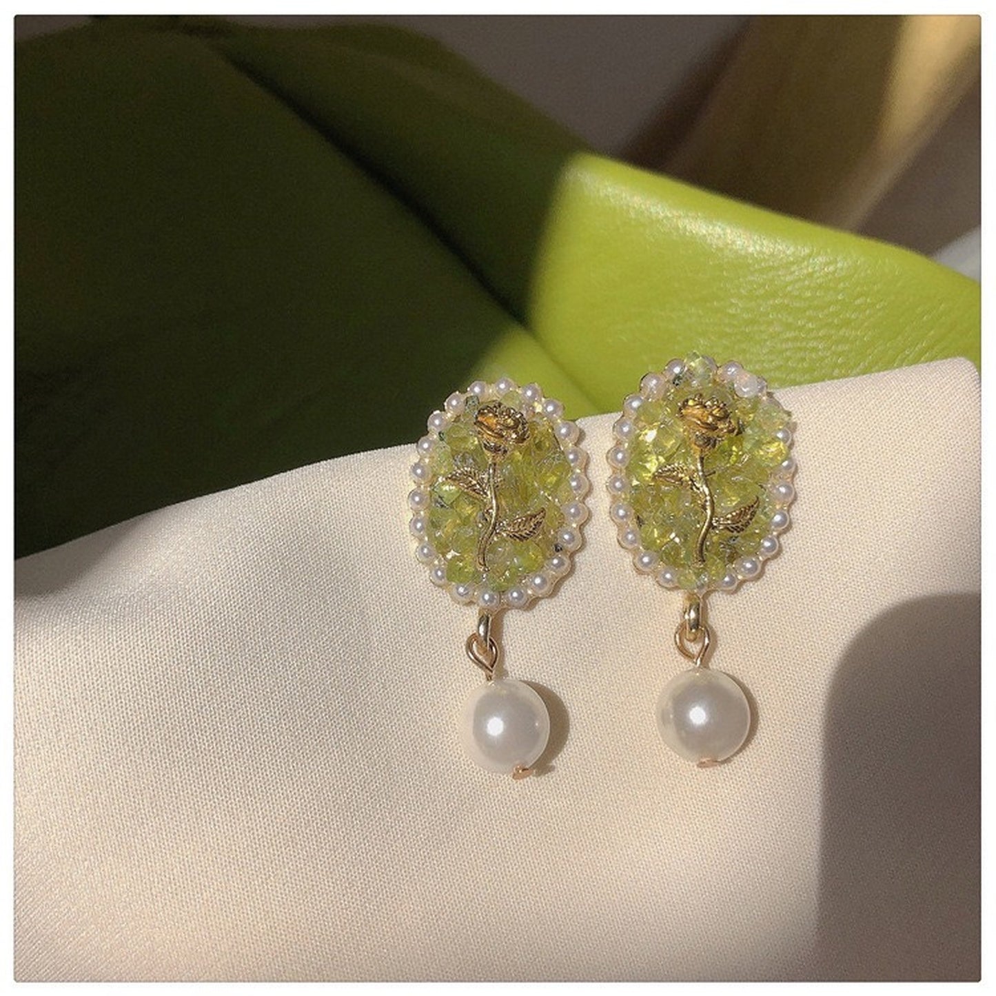 Luxurious Engraved Rose Pearl Earrings | Parisian Style Gold Lace Earrings