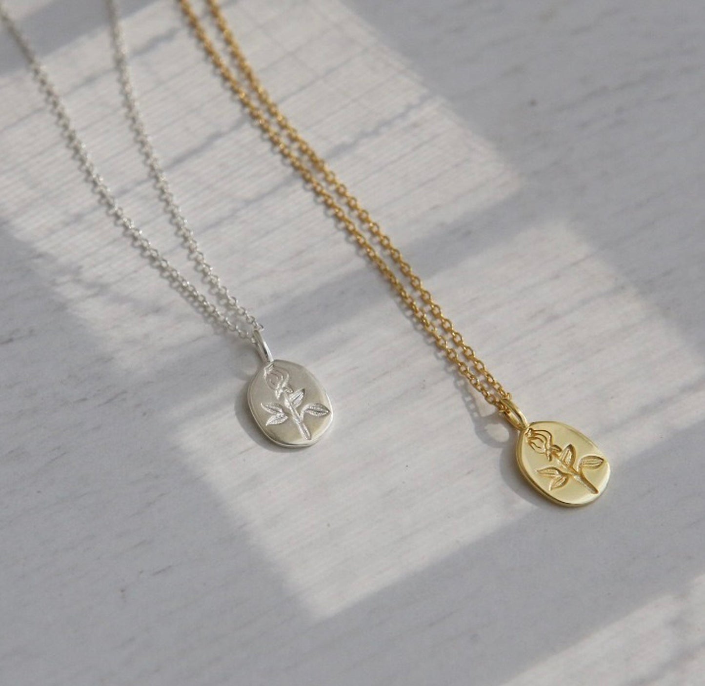Handmade Engraved Floral Locket Pendant Necklace - Birth flower Charm Gold Silver Signet Necklace