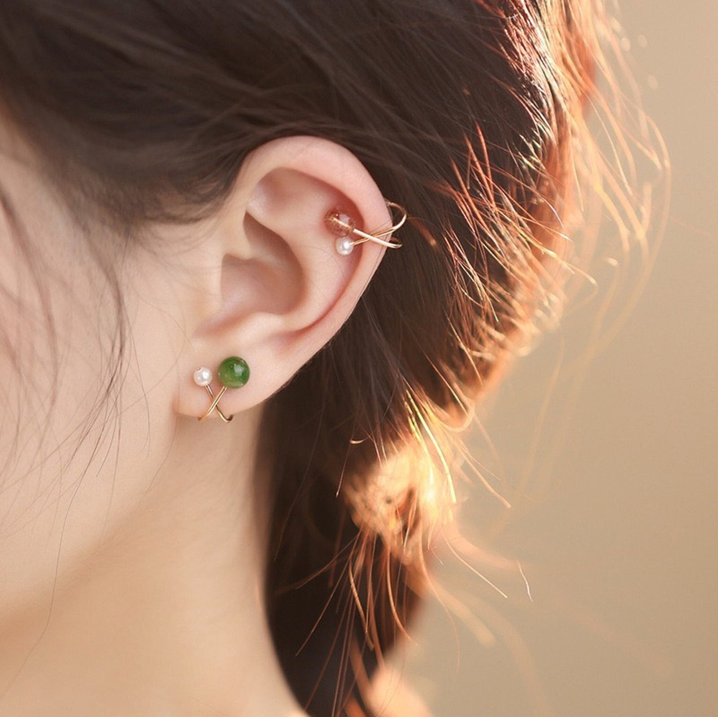 No piercing clip on ear studs, Intercross gold pearl earrings, Helix ear bone cuff climber, Pink and green stud earrings,Non pierced jewelry
