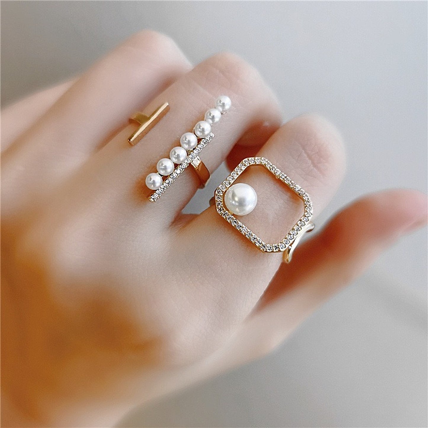 Pearl Geometrical Hallow Ring - Large Chunky Gold and Pearl Cocktail Rings Set