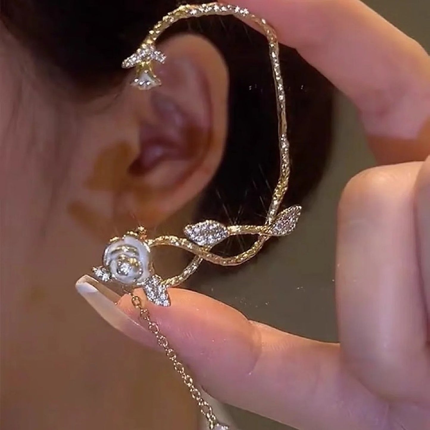 Romantic Fairycore No Piercing Floral Ear Wrap | Rose Vine Flower Ear Climber Cuff Crawler