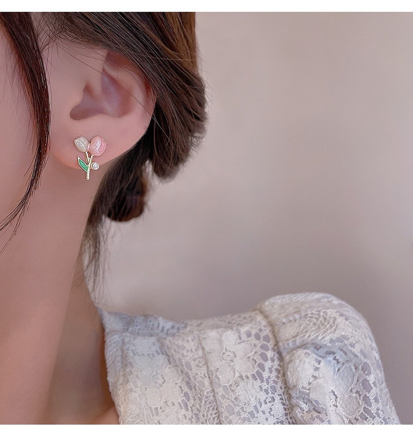 Cute Pastel Pink Tulip Stud Earrings - Fairycore Tulip Flower Stem Jewelry