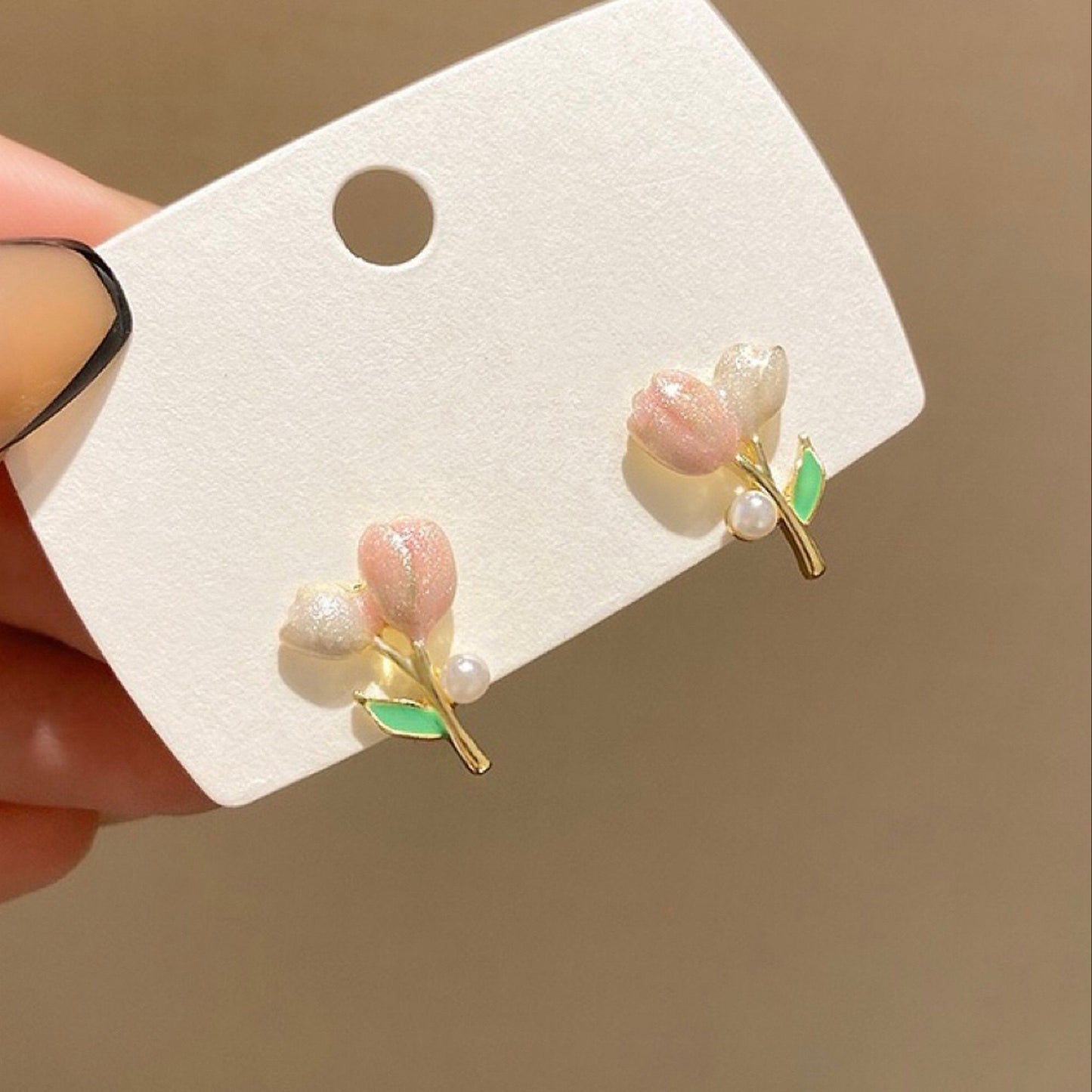 Cute Pastel Pink Tulip Stud Earrings - Fairycore Tulip Flower Stem Jewelry