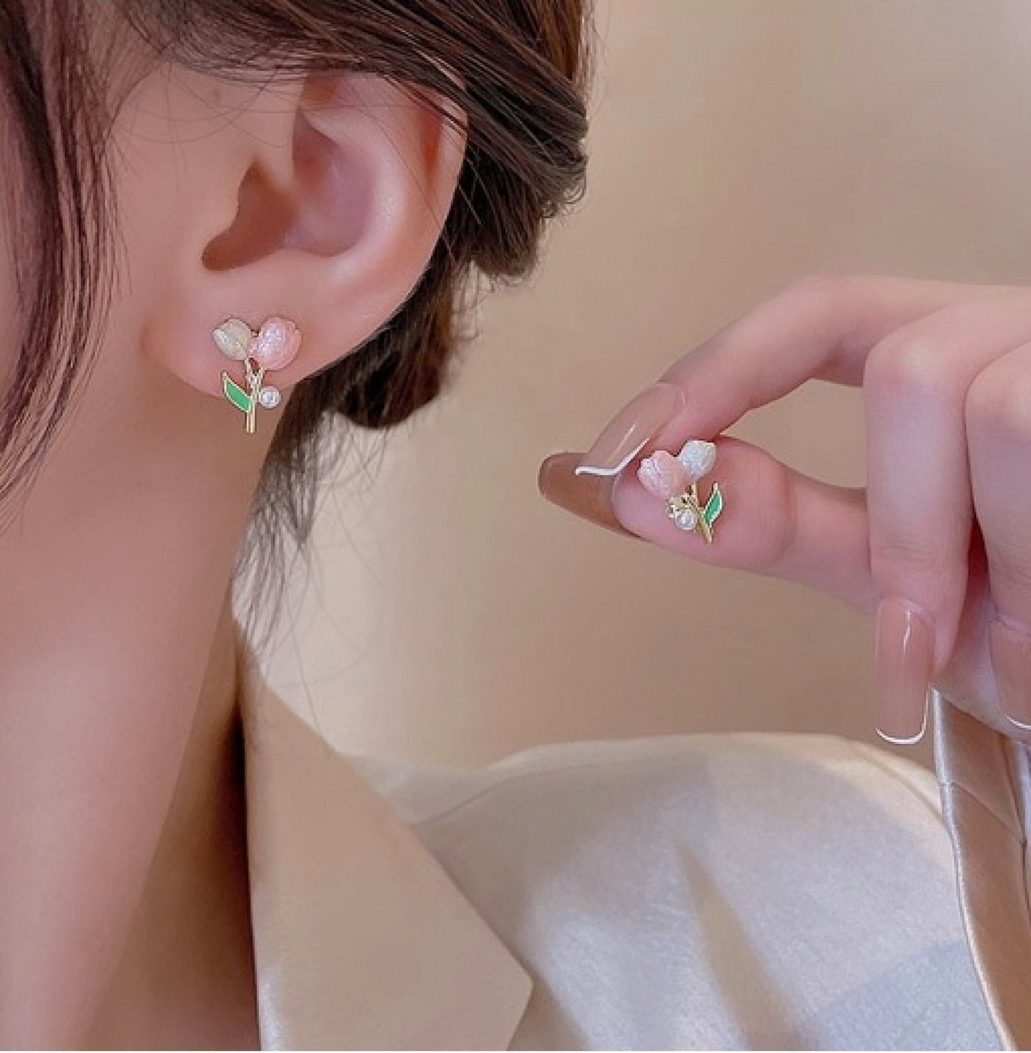 Cute Pastel Pink Tulip Stud Earrings - Fairycore Tulip Flower Stem Jewelry