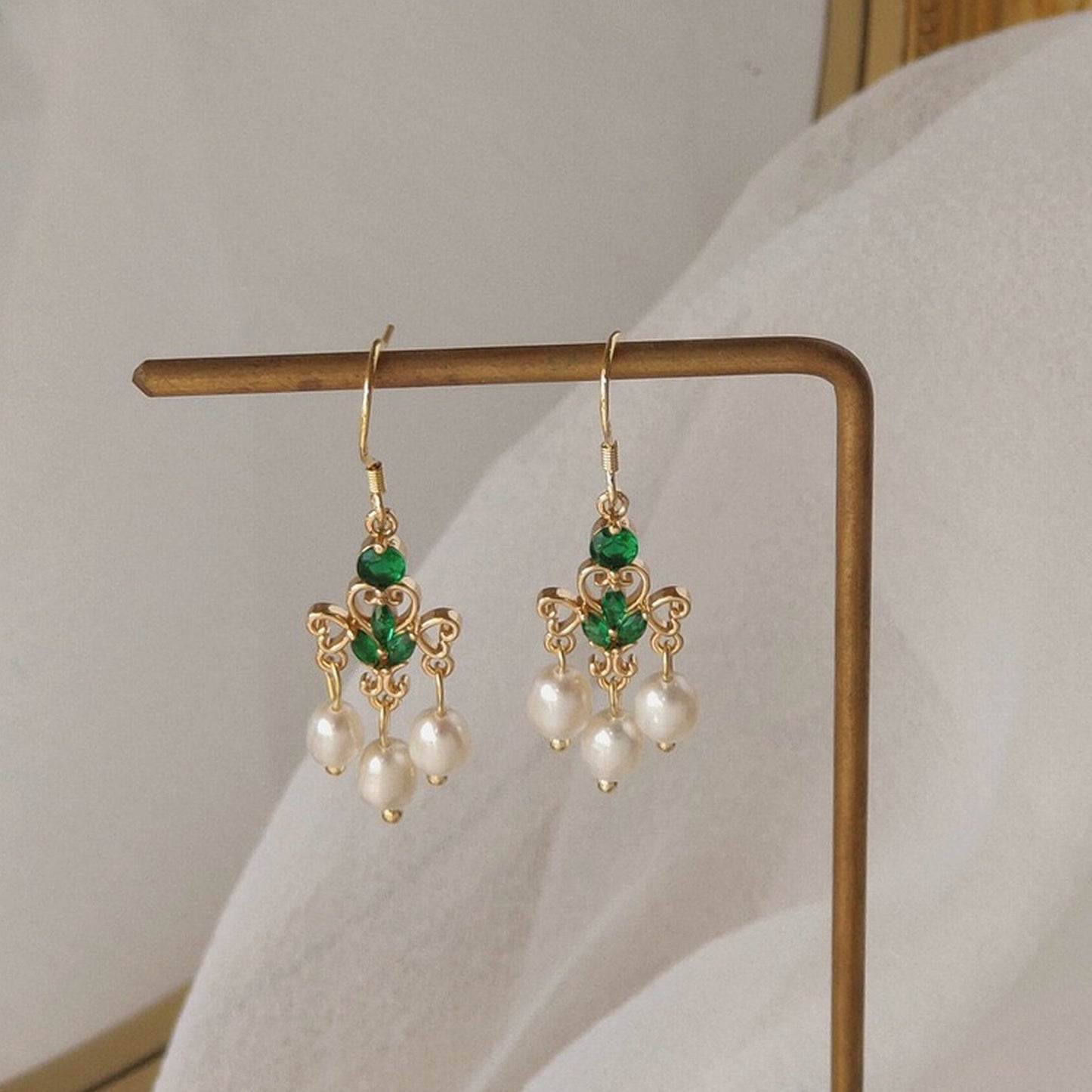 Emerald and Pearl Fan Shaped Tassel Earrings - Delicate Emerald Dangle Earrings