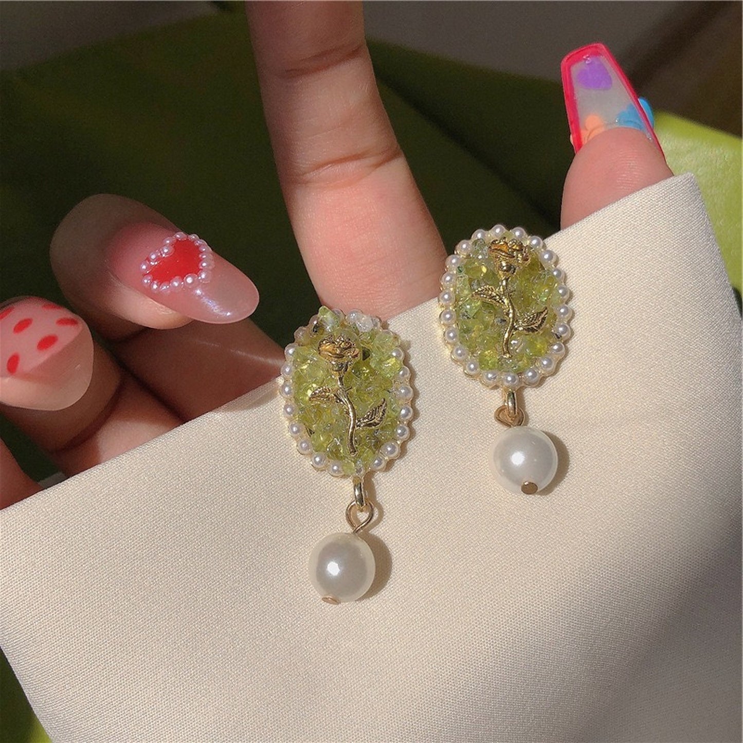 Luxurious Engraved Rose Pearl Earrings | Parisian Style Gold Lace Earrings