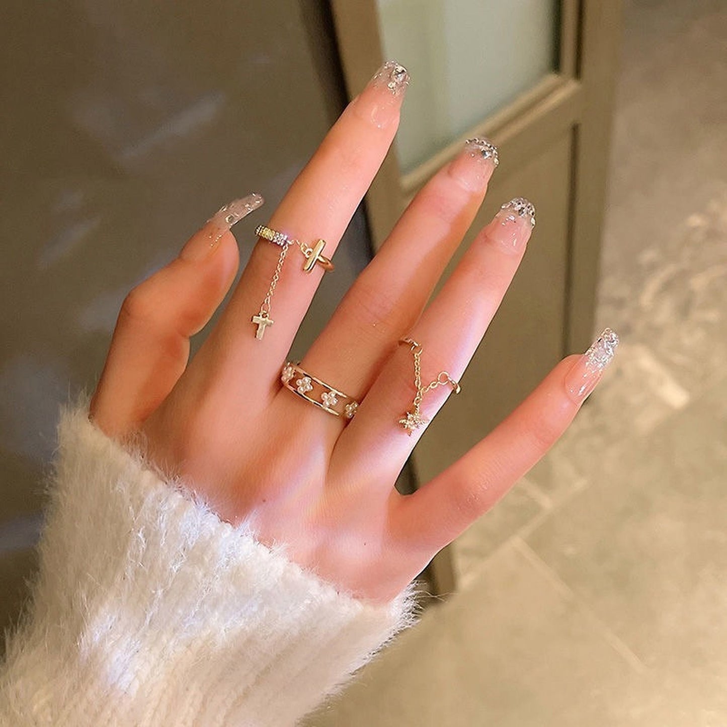 Unique Gold Stacking Rings Set With Dangle Charm - Dainty Celestial Cross Rings