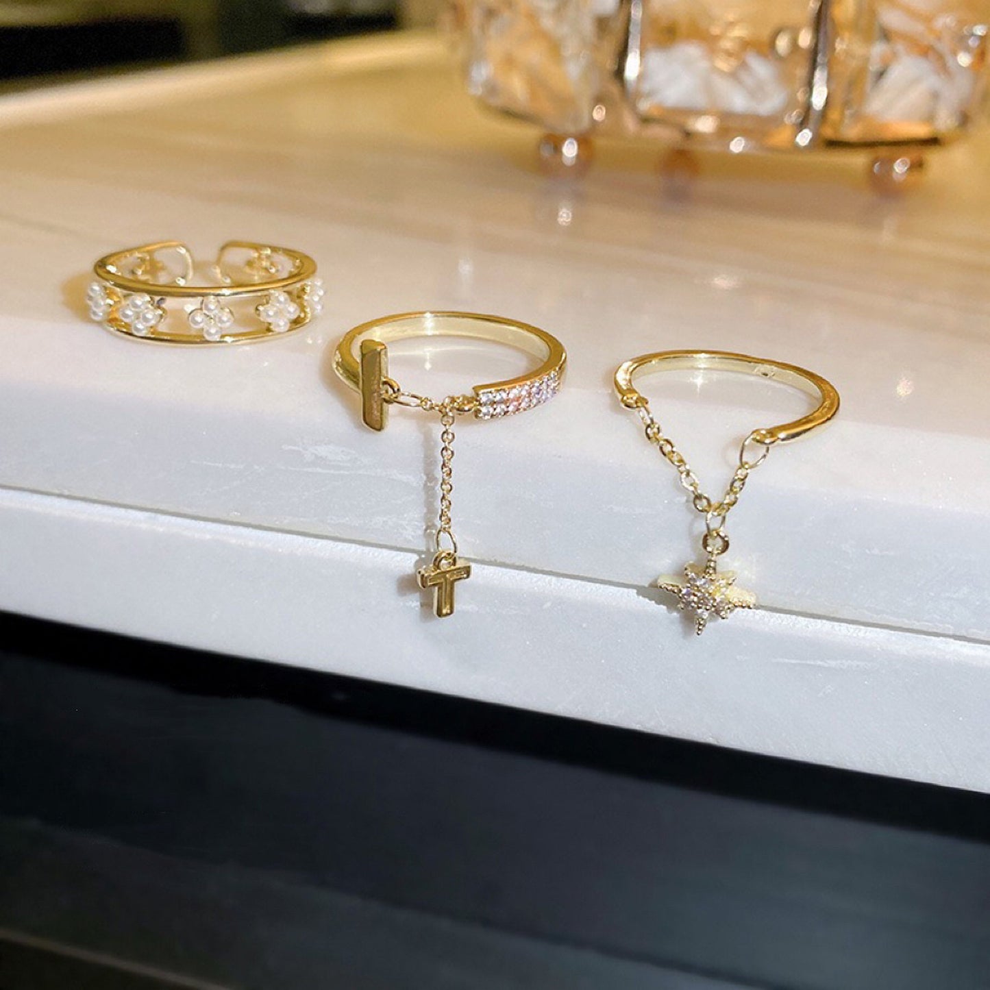 Unique Gold Stacking Rings Set With Dangle Charm - Dainty Celestial Cross Rings