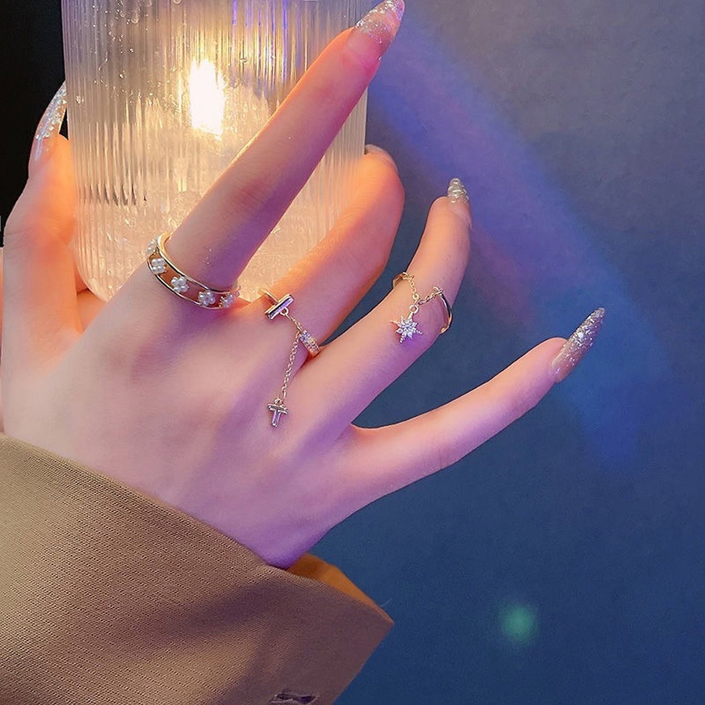 Unique Gold Stacking Rings Set With Dangle Charm - Dainty Celestial Cross Rings