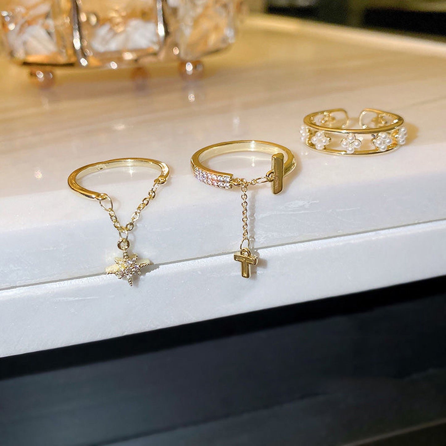Unique Gold Stacking Rings Set With Dangle Charm - Dainty Celestial Cross Rings