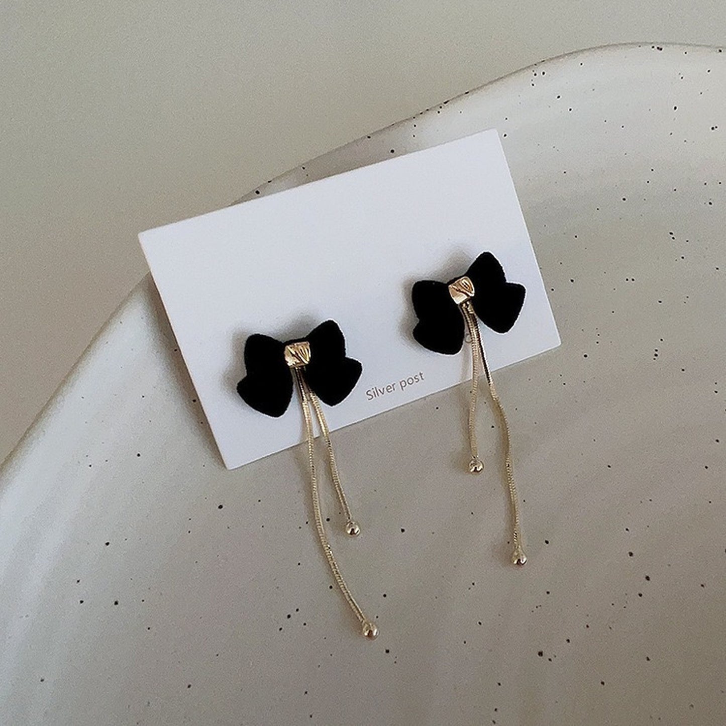 Balletcore Black Ribbon Bow Earrings, Handmade 2-Way Black Velvet Gold Tassel Earrings