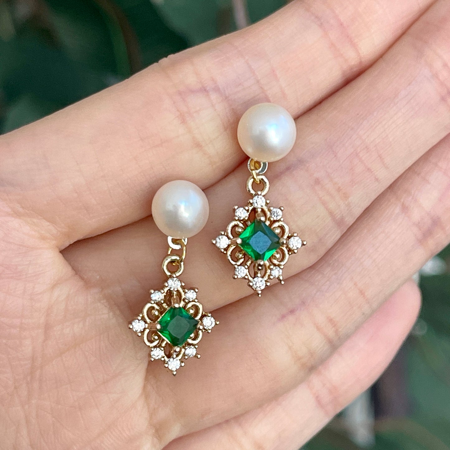2-Way Natural Pearl Green Emerald Gold Lace Earrings | Handmade Luxury Dainty Jewelry