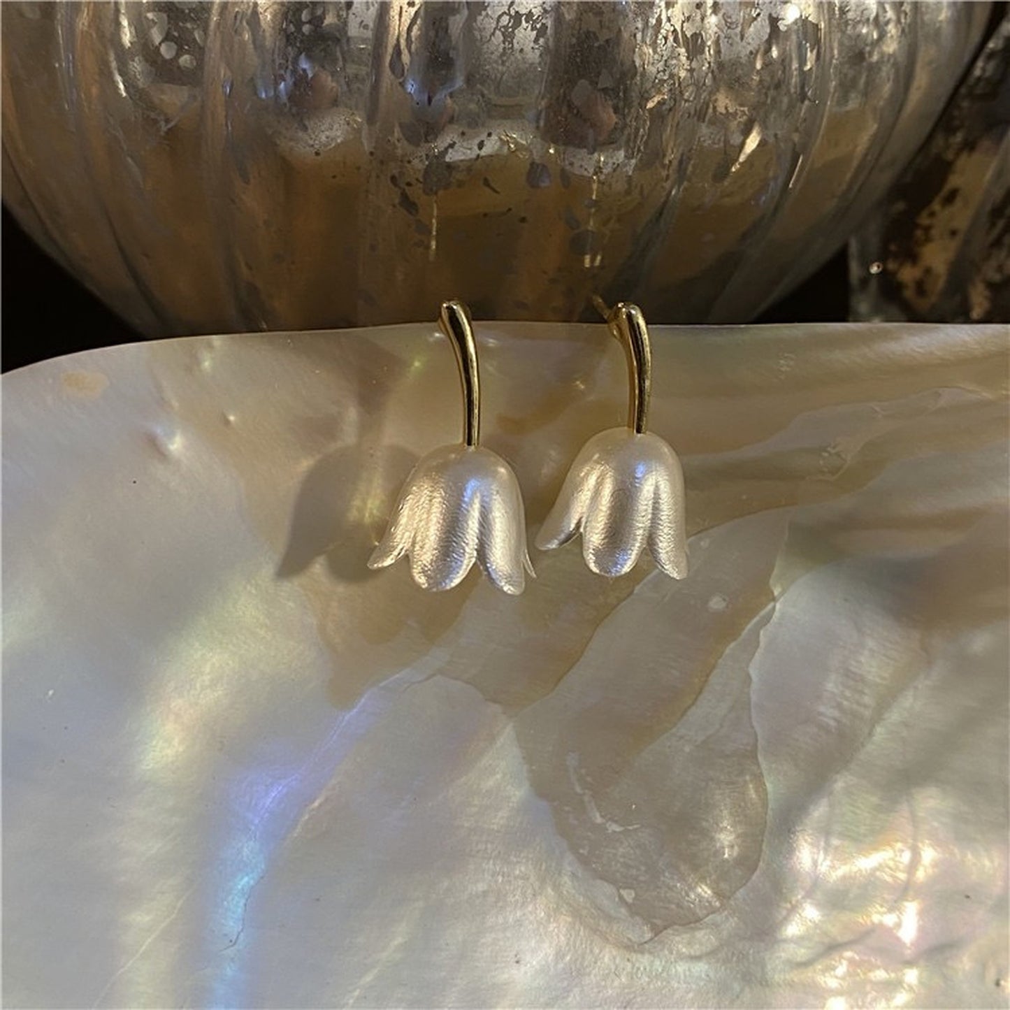 Dainty White Tulip Earrings - Dainty Floral Gold Earrings