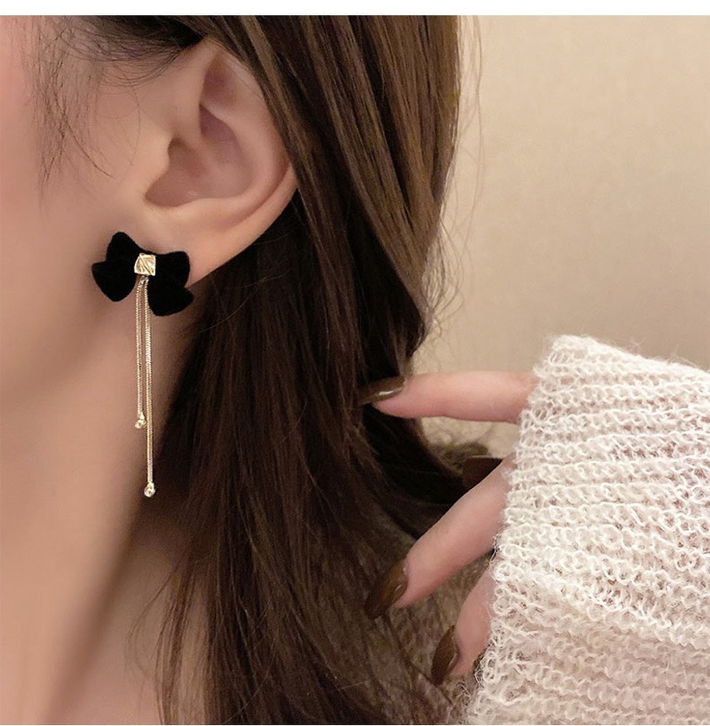 Balletcore Black Ribbon Bow Earrings, Handmade 2-Way Black Velvet Gold Tassel Earrings