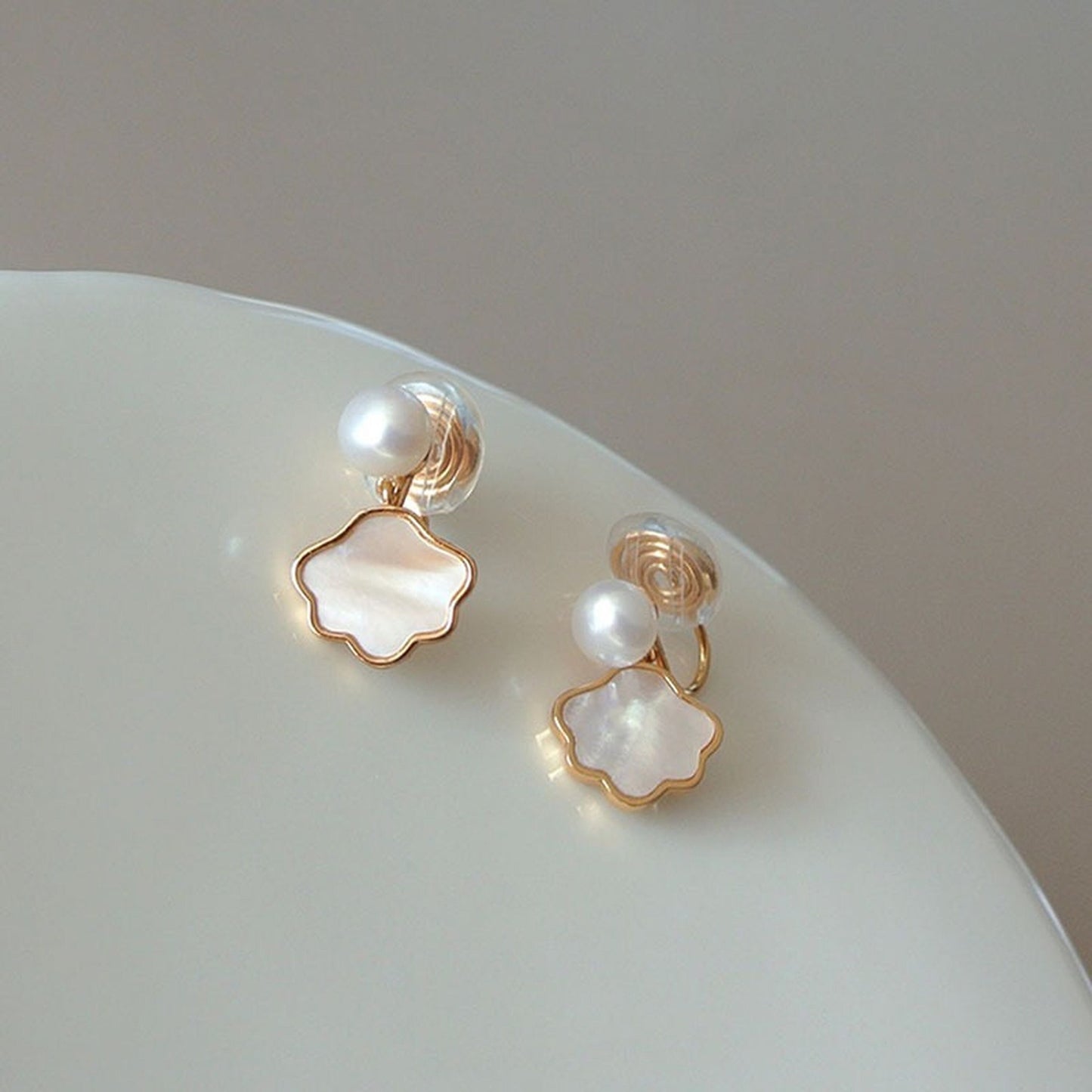 Mother of Pearl No Piercing Clip On Stud Earrings | Sky Clouds Drop Gold Earrings