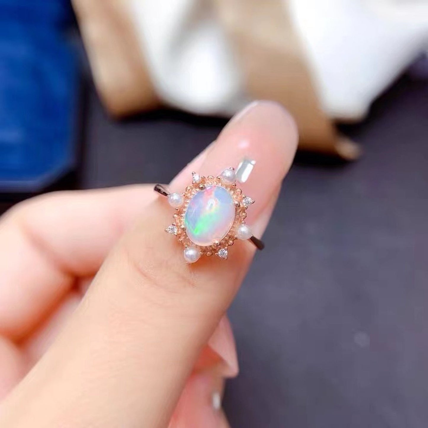 Handmade Moonstone Birthstone Ring - Oval Halo Rose Gold Pearl Open Ring