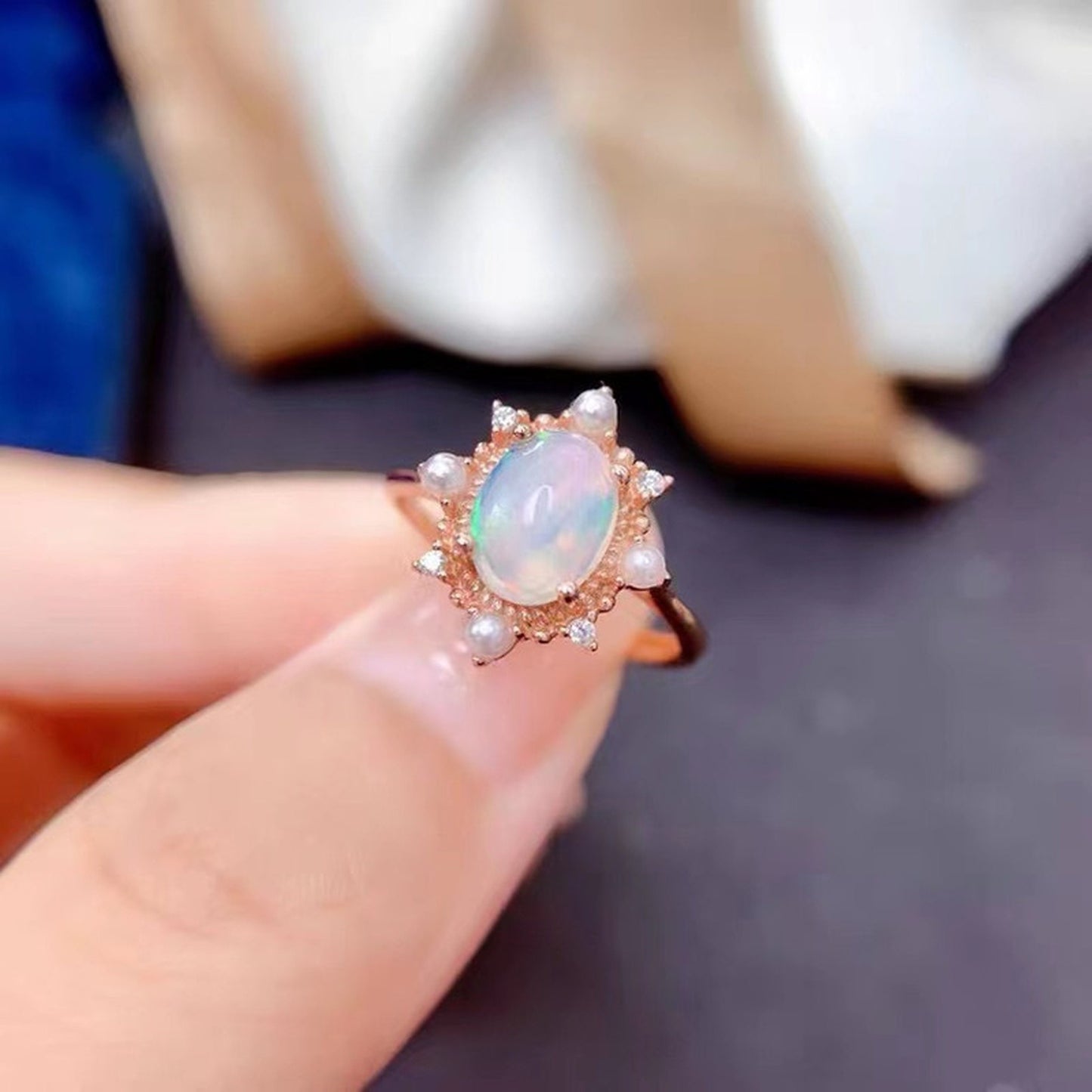 Handmade Moonstone Birthstone Ring - Oval Halo Rose Gold Pearl Open Ring