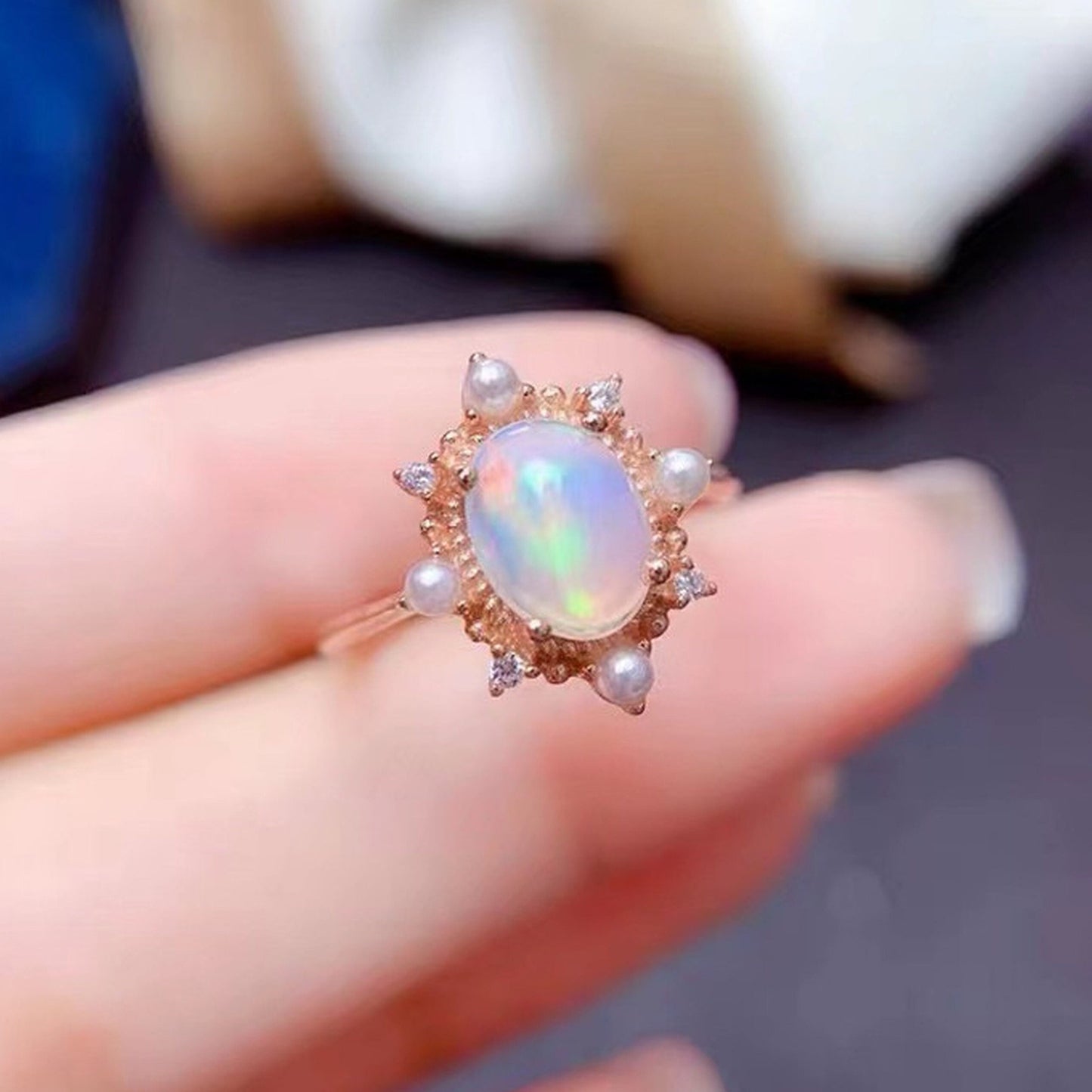 Handmade Moonstone Birthstone Ring - Oval Halo Rose Gold Pearl Open Ring