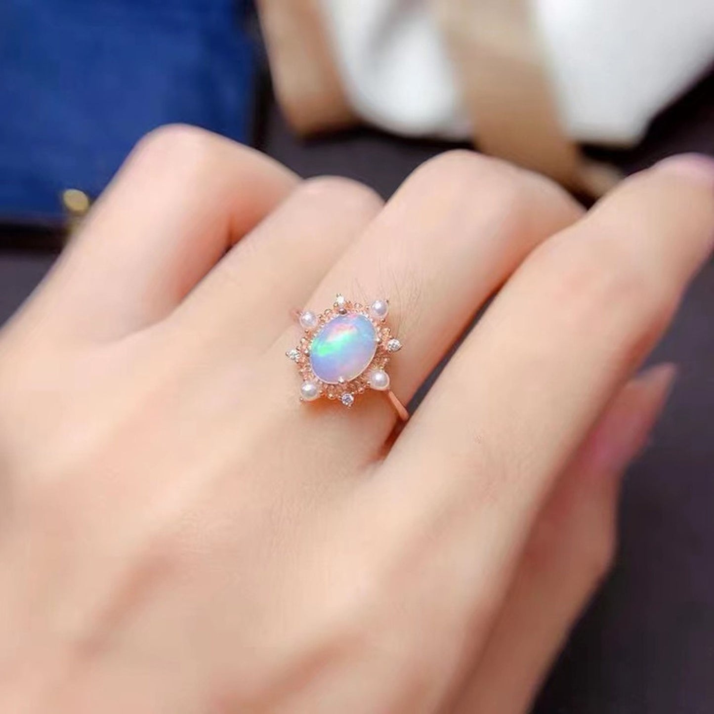 Handmade Moonstone Birthstone Ring - Oval Halo Rose Gold Pearl Open Ring