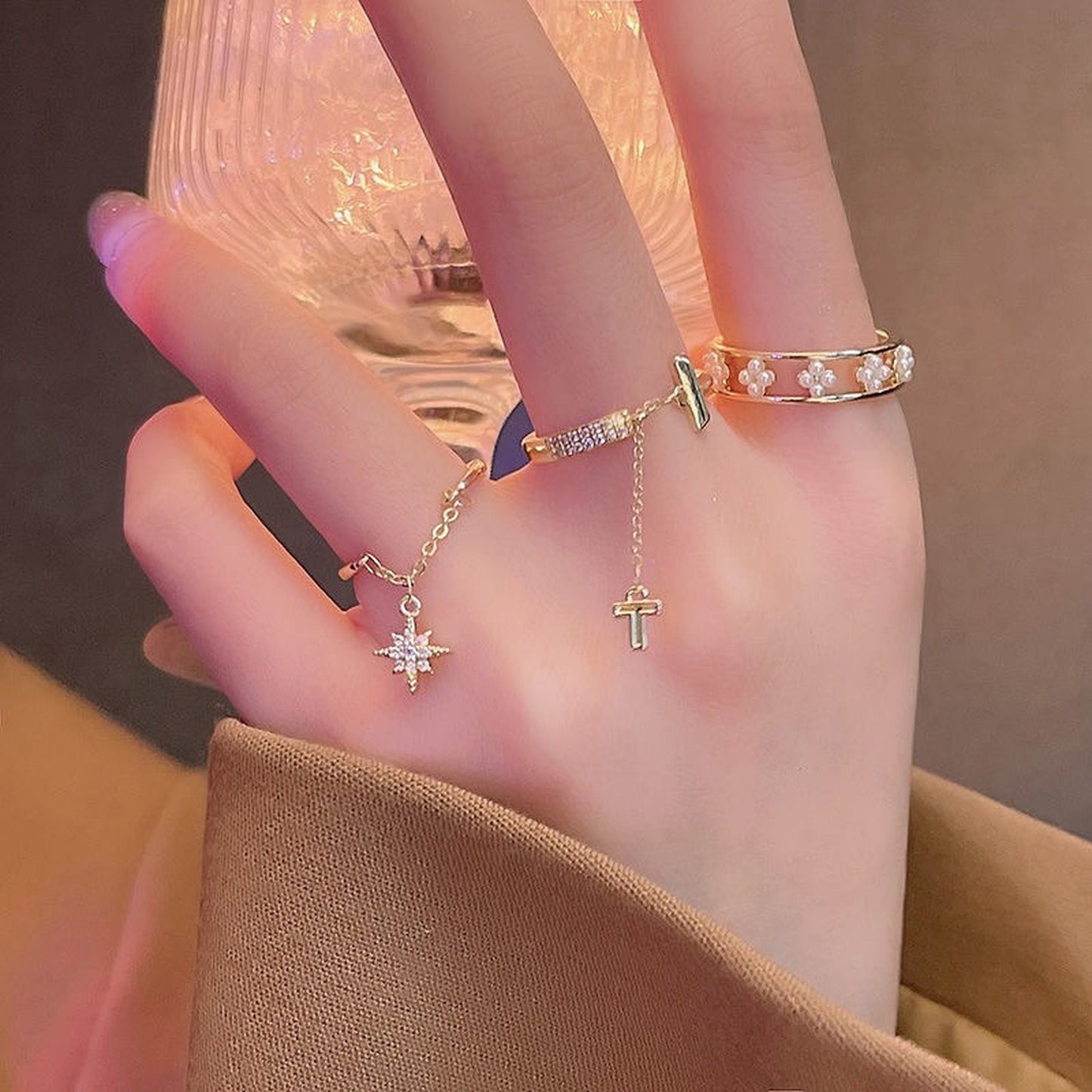 Unique Gold Stacking Rings Set With Dangle Charm - Dainty Celestial Cross Rings