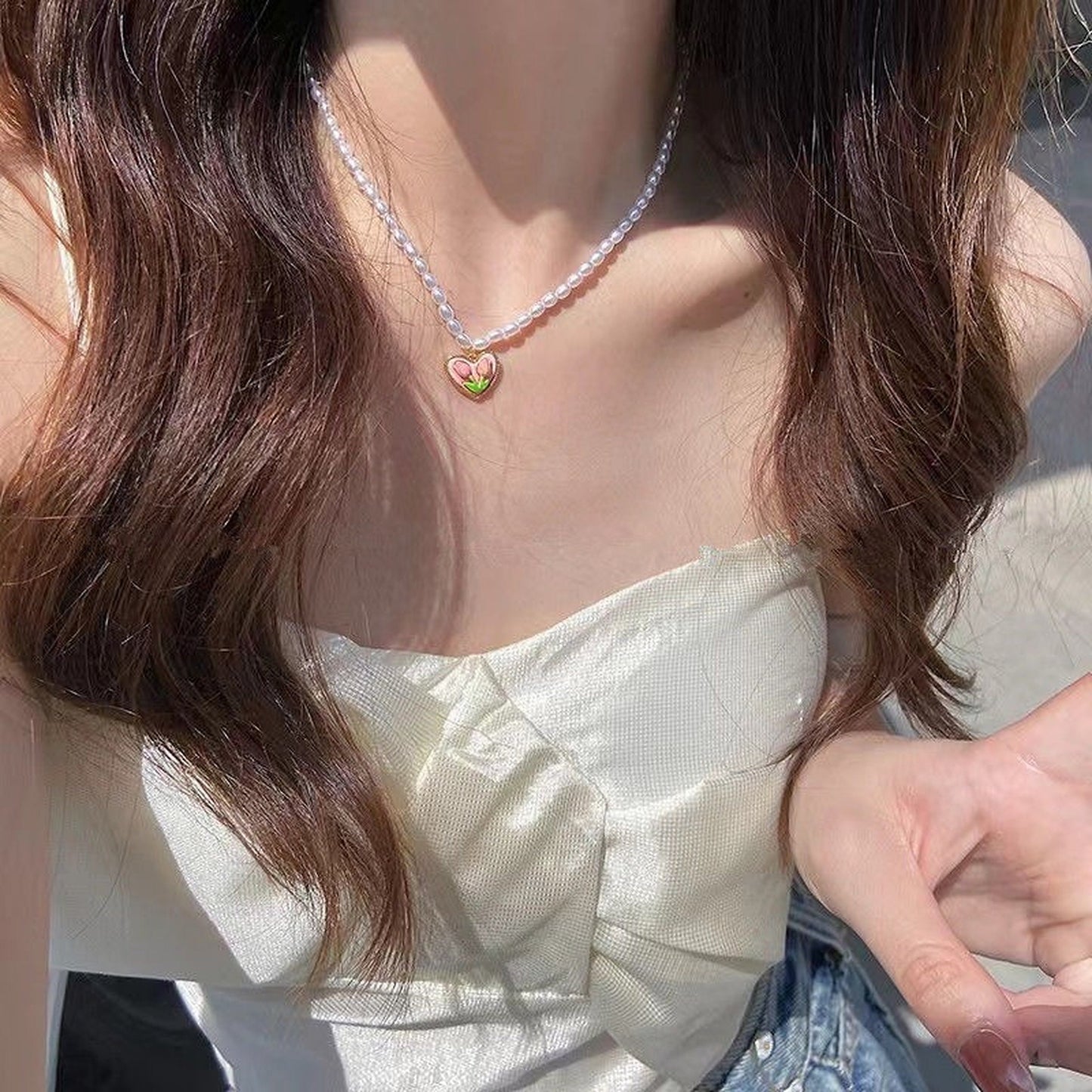 Y2K Pink Tulip Heart Charm Pendant | Handmade Pearl Bead Collar Choker Necklace