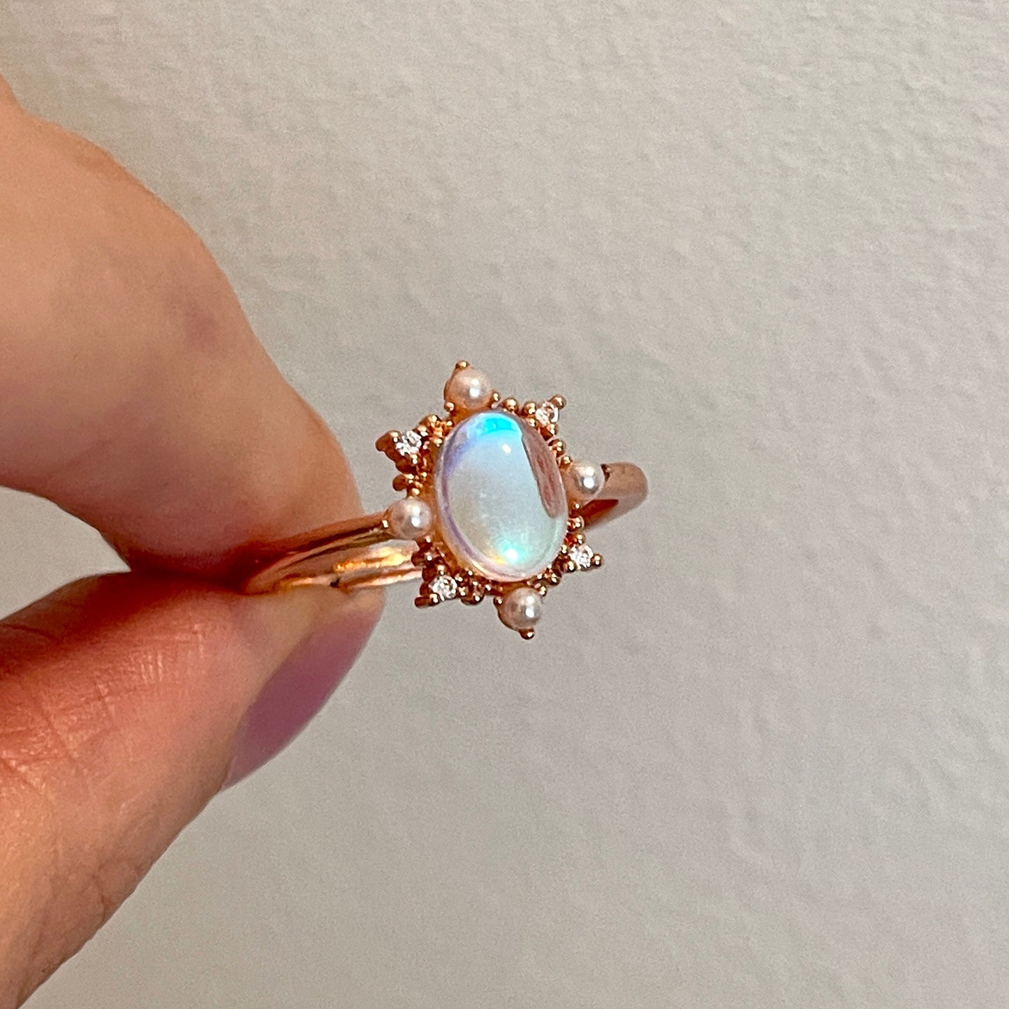 Handmade Moonstone Birthstone Ring - Oval Halo Rose Gold Pearl Open Ring